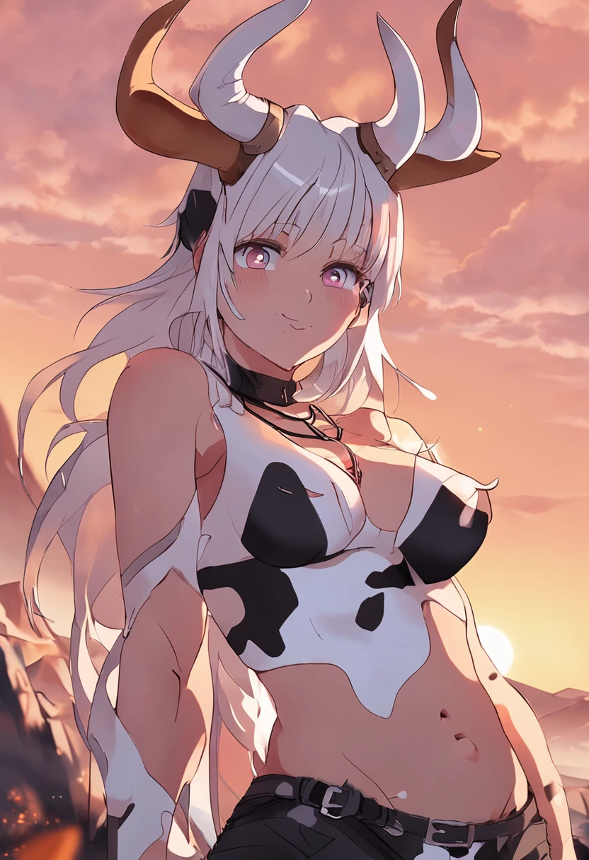 anime girl wearing cow horns, blonde hair, amber eyes, cow bikini, cowbell choker, full body