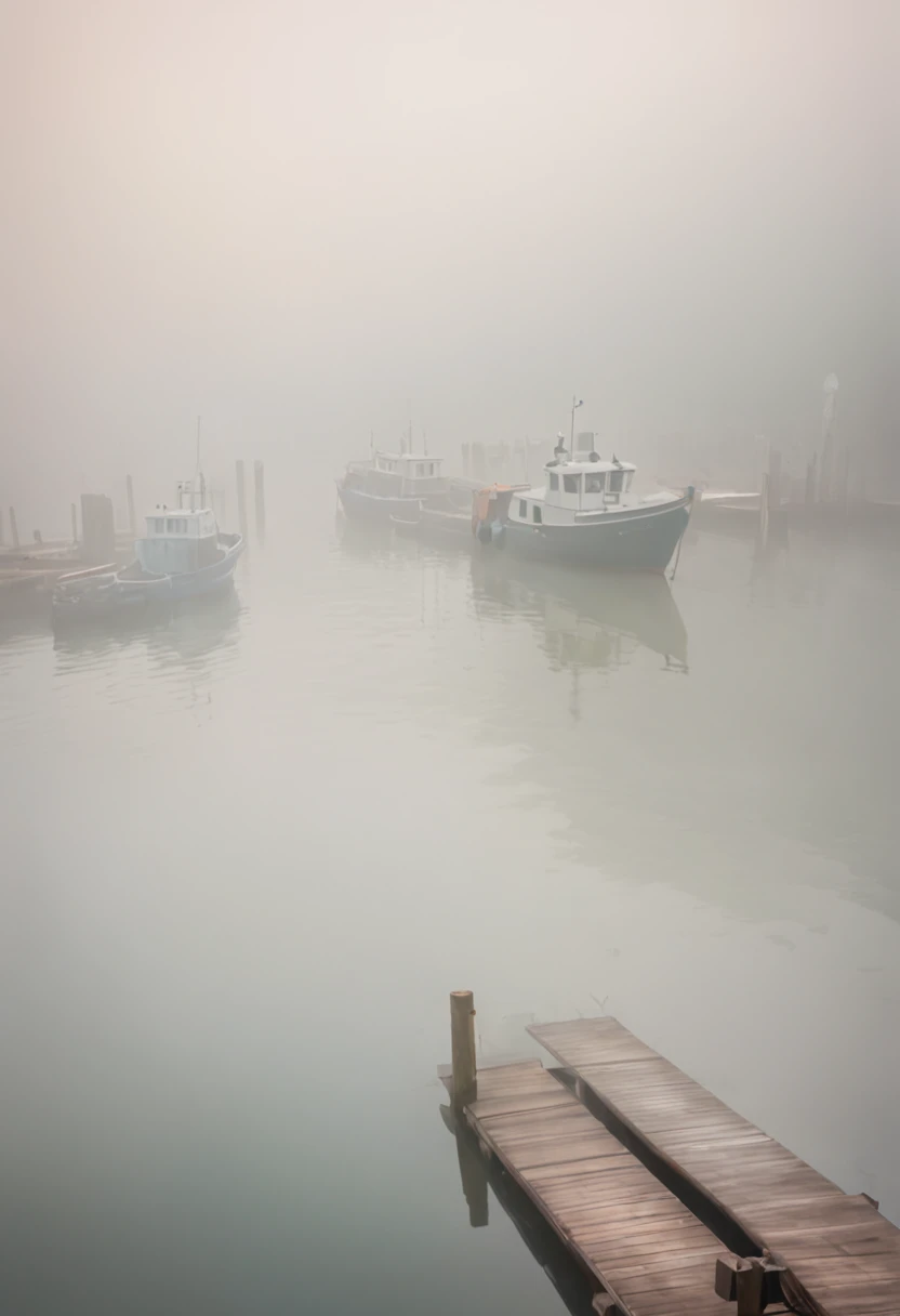 A minimal impressionistic portrait of a tranquil harbor scene shrouded in mist. Use soft brush strokes and a soft color palette to create a hazy atmosphere. The painting should evoke a sense of tranquility and mystery, capturing the essence of a foggy morning on the waterfront