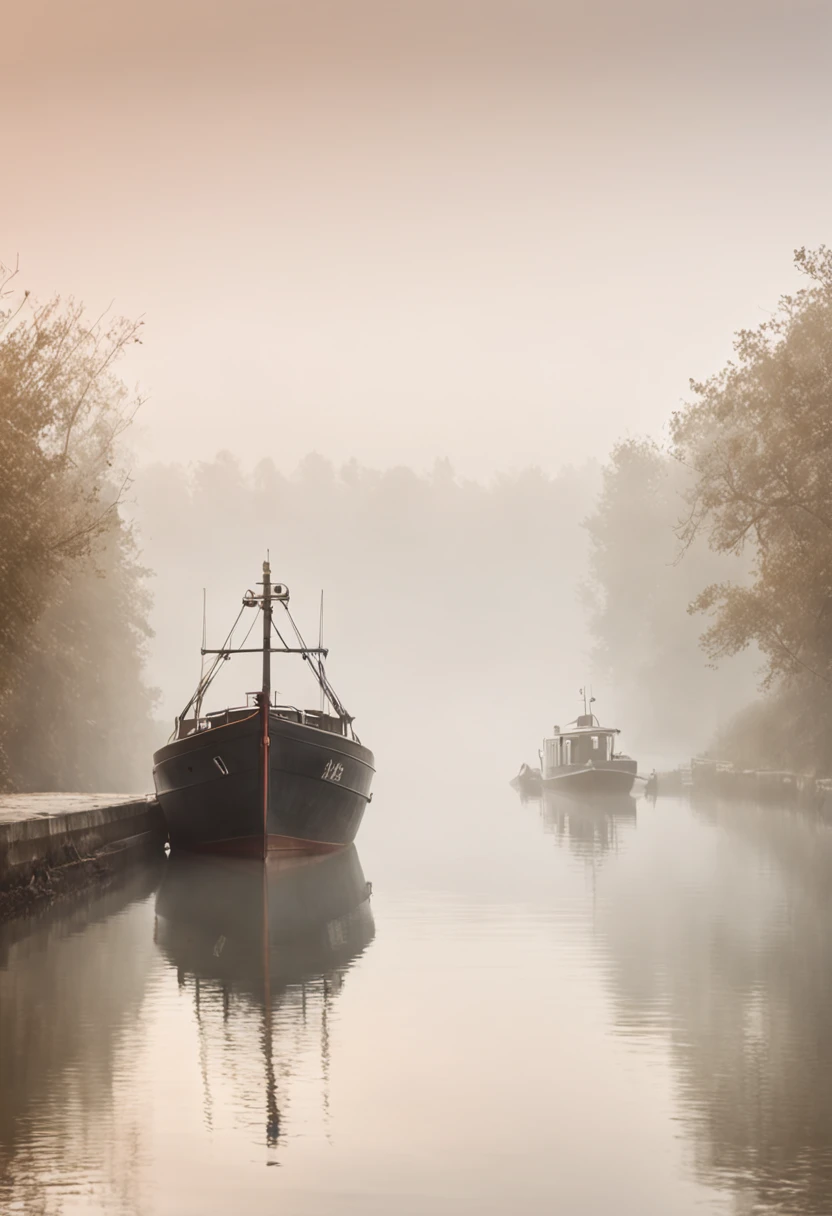 A minimal impressionistic portrait of a tranquil harbor scene shrouded in mist. Use soft brush strokes and a soft color palette to create a hazy atmosphere. The painting should evoke a sense of tranquility and mystery, capturing the essence of a foggy morning on the waterfront