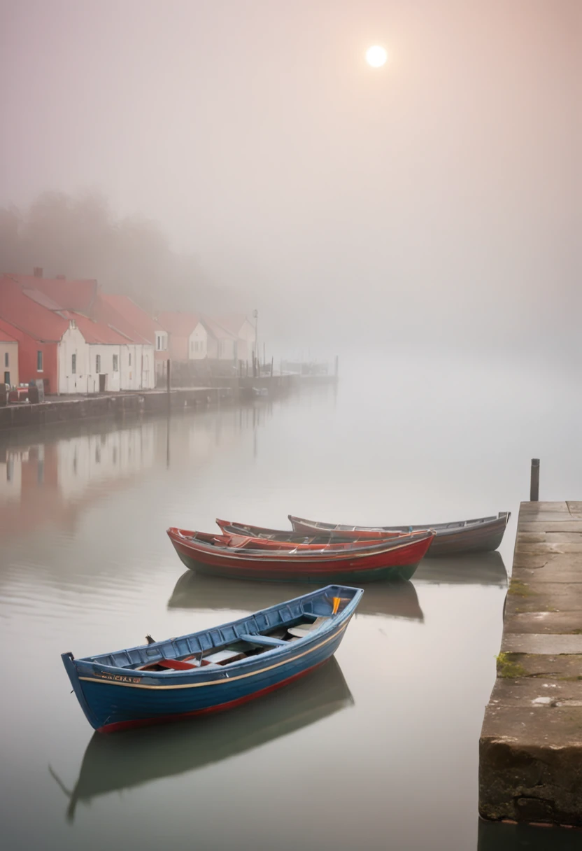 A minimal impressionistic portrait of a tranquil harbor scene shrouded in mist. Use soft brush strokes and a soft color palette to create a hazy atmosphere. The painting should evoke a sense of tranquility and mystery, capturing the essence of a foggy morning on the waterfront