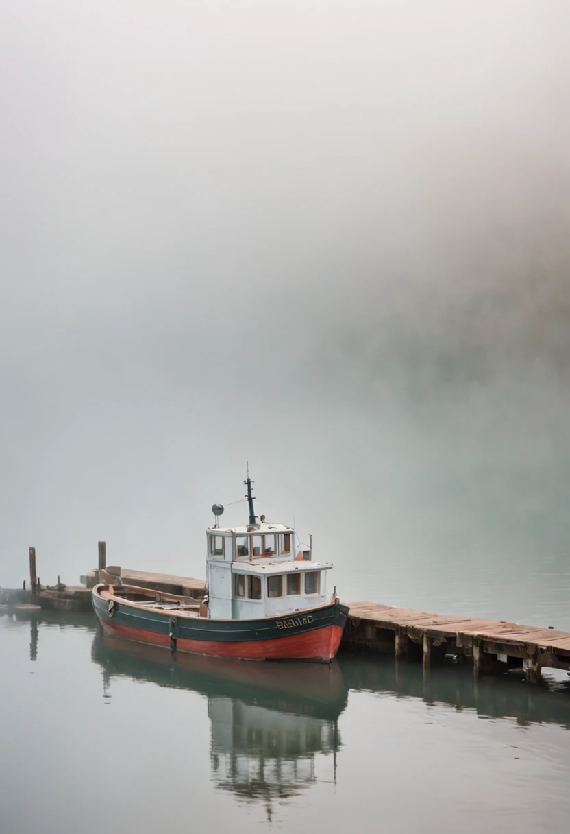 A minimal impressionistic portrait of a tranquil harbor scene shrouded in mist. Use soft brush strokes and a soft color palette to create a hazy atmosphere. The painting should evoke a sense of tranquility and mystery, capturing the essence of a foggy morning on the waterfront