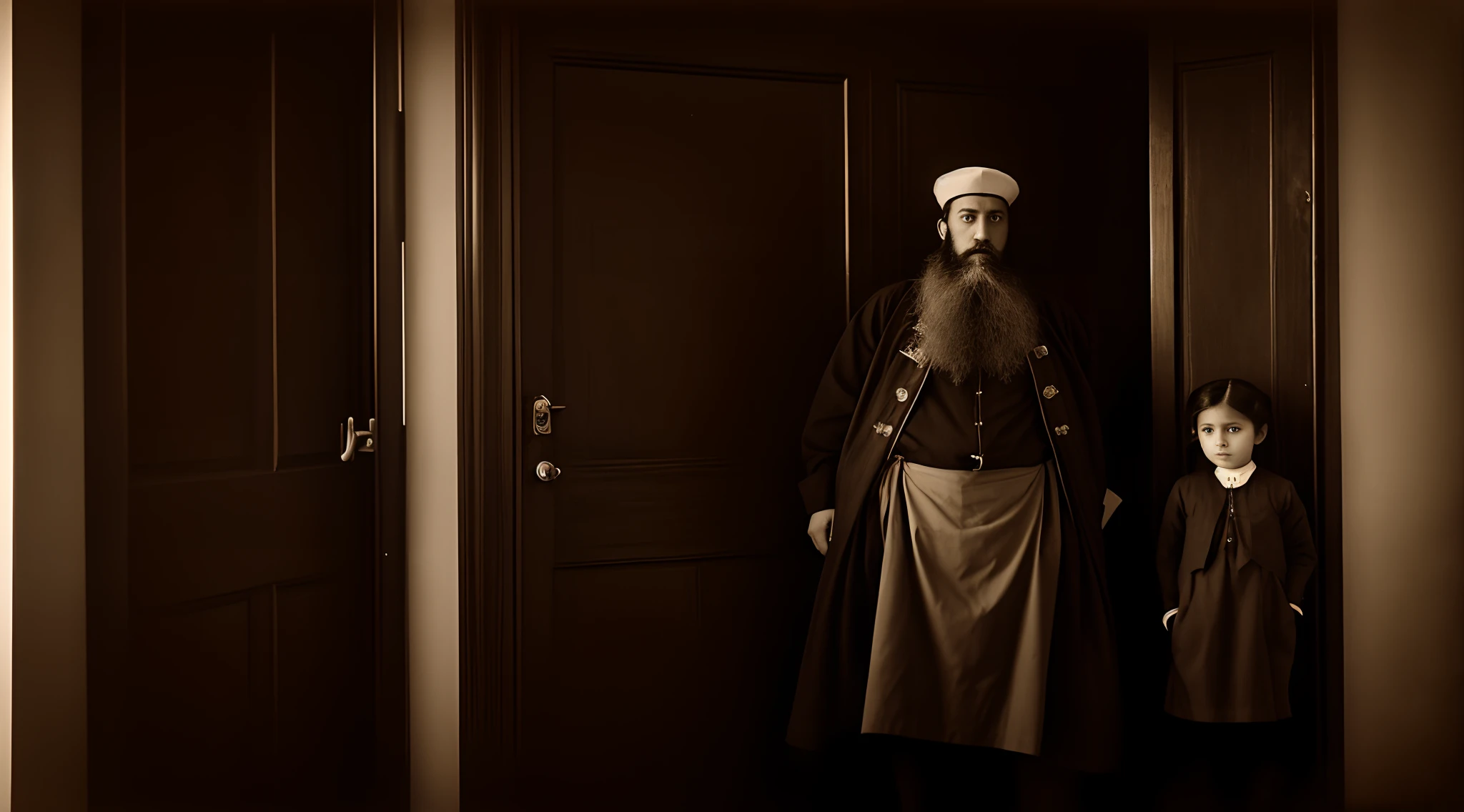 Photo in sepia, foto antiga, Man with a long beard and a girl standing in front of a door, por August Sander, Eduardo Okun, Ilya Kushinov, Directed by: Maurice Gottlieb, do lado de fora de uma casa, Directed by: Samuel Birmann, taken in the early 1910s, inspirado em Solomon Gessner