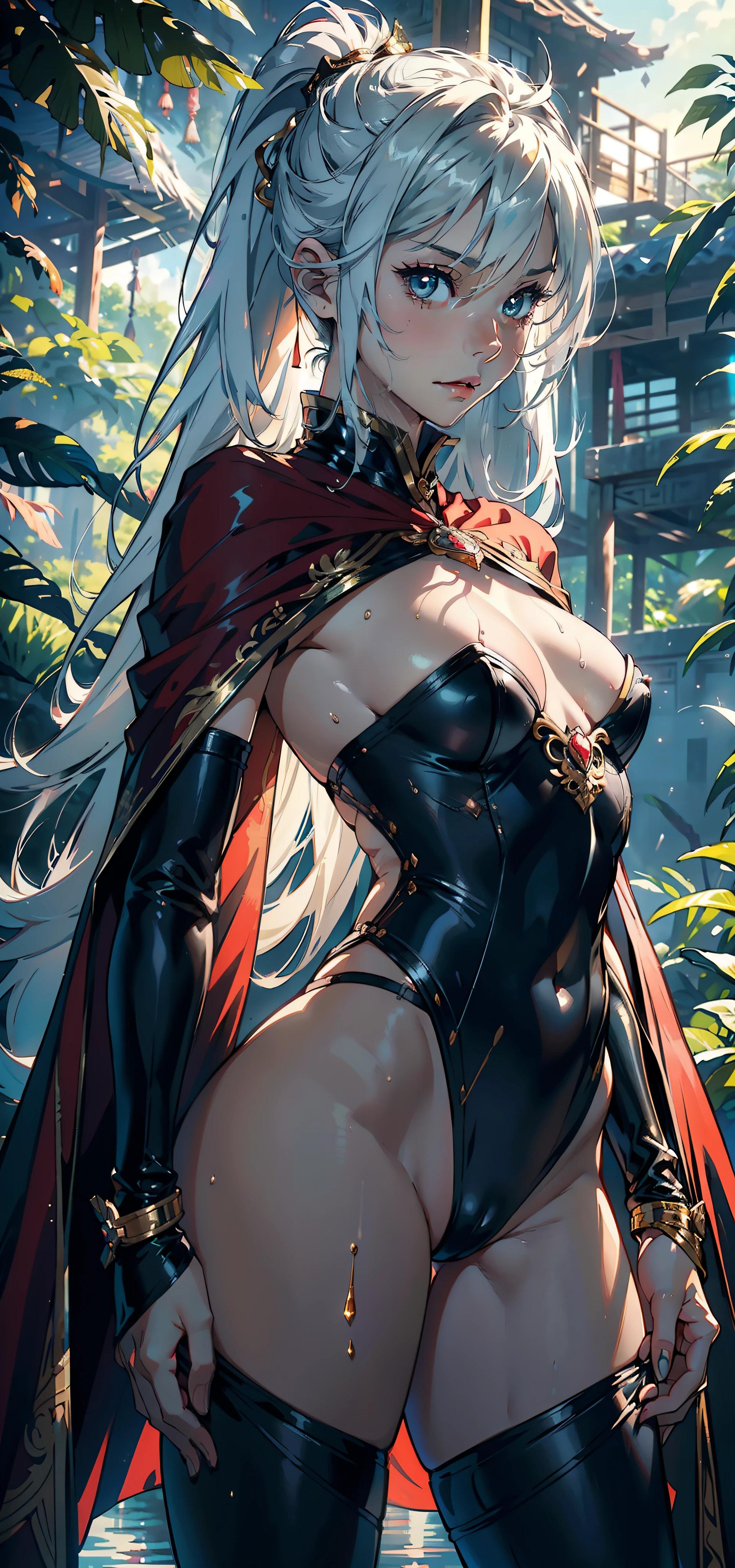 1female,,bit girl,super adorable,Small chest Thin waist,long leges,Buttock augmentation,Pornographic exposure, 独奏,(Background with:hilltop,the rainforest,in summer,Standing water on the ground,exteriors) Feel free to hairstyle,Stride,Sweat profusely,drenched all over the body,seen from the front,Silver-white hair , mostly cloudy sky,(((tmasterpiece),(Very detailed CG unity 8K wallpaper),best qualtiy,cinmatic lighting,detailed back ground,beatiful detailed eyes,Bright pupils,(Very fine and beautiful),(Beautiful and detailed eye description),ultra - detailed,tmasterpiece,)),facing at camera,A high resolution,ultra - detailed)nakeness,Wipe off panties,revealing breasts,Bare genitalia, Bulge,Camel toes,Raised sexy,Embarrassed expression,Flushed complexion,Open-mouthed,frontage,Gold Saint Seiya(Wearing:venomize,Red cape,Black pantyhose)