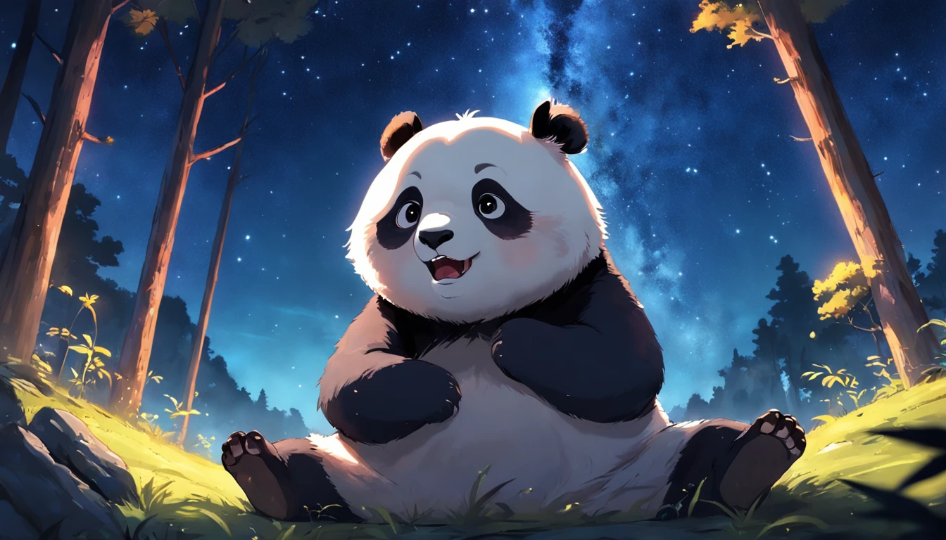 obra-prima, melhor qualidade, filme ainda, 1panda, panda nuvem, brilhante, Feliz, Soft lighting and Warm, noite, A panda in a forest looking up at the starry sky pointing at the stars with its back turned, Starry sky, (Sparks: 0,7)
