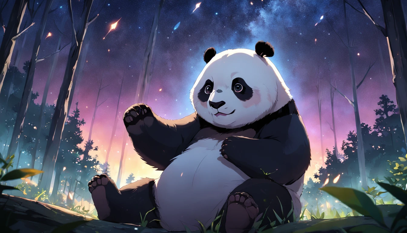 obra-prima, melhor qualidade, filme ainda, 1panda, panda nuvem, brilhante, Feliz, Soft lighting and Warm, noite, A panda in a forest looking up at the starry sky pointing at the stars with its back turned, Starry sky, (Sparks: 0,7)