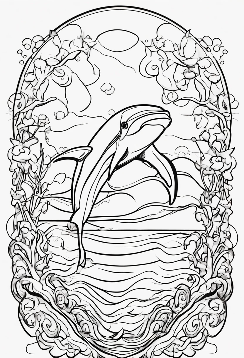 Create a cute dolphin from the front underwater cartoon style, centered, well detailed, no background, coloring line art, drawings for kids, cool coloring pages, coloring book art, coloring page style vector lines , 8k, --ar 9:16