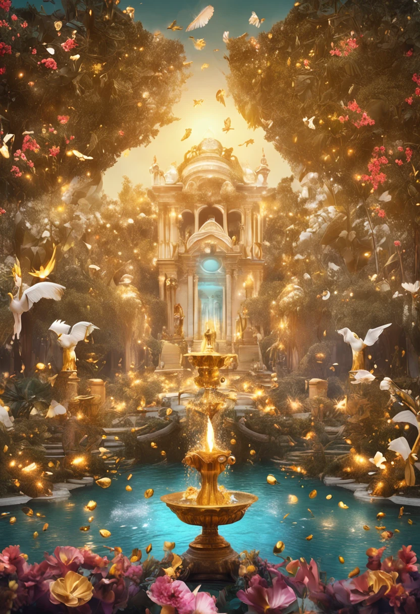 Um jardim celestial de riqueza e prosperidade, with gold fountains gushing crystal clear water, trees laden with golden fruits and glittering flowers, Smiling winged angels blessing those who pass by with gold coins and pearls, criando uma atmosfera de generosidade divina, 插圖, Digital illustration technique with minute details in golden textures, --ar 16:9 --v 5