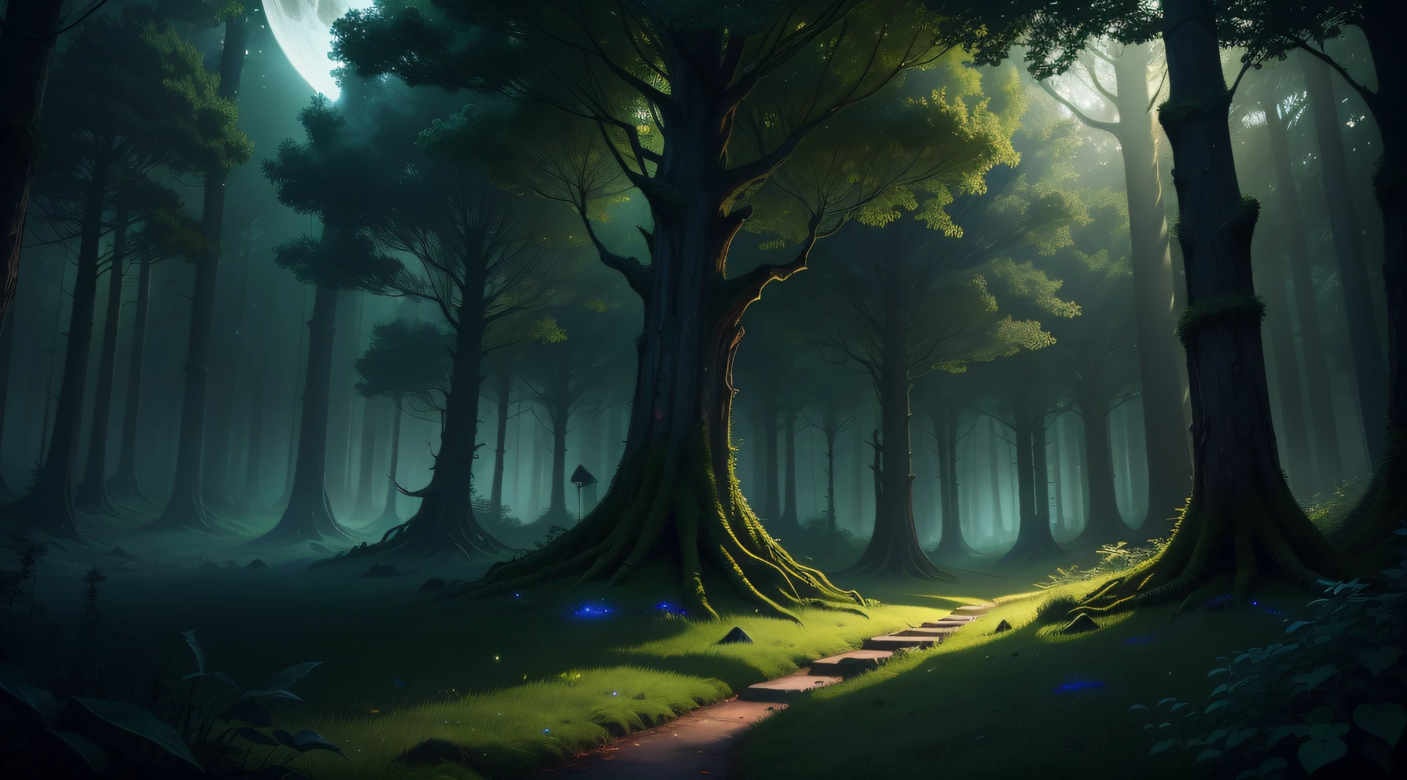 "(Best quality) (Extra High Definition) Illustration of a dark fantasy forest with green lighting under the night moon, depicting the enchanting nature in a lush green forest, illuminated by soft lighting, capturing the essence of the forest soul in mesmerizing digital art."