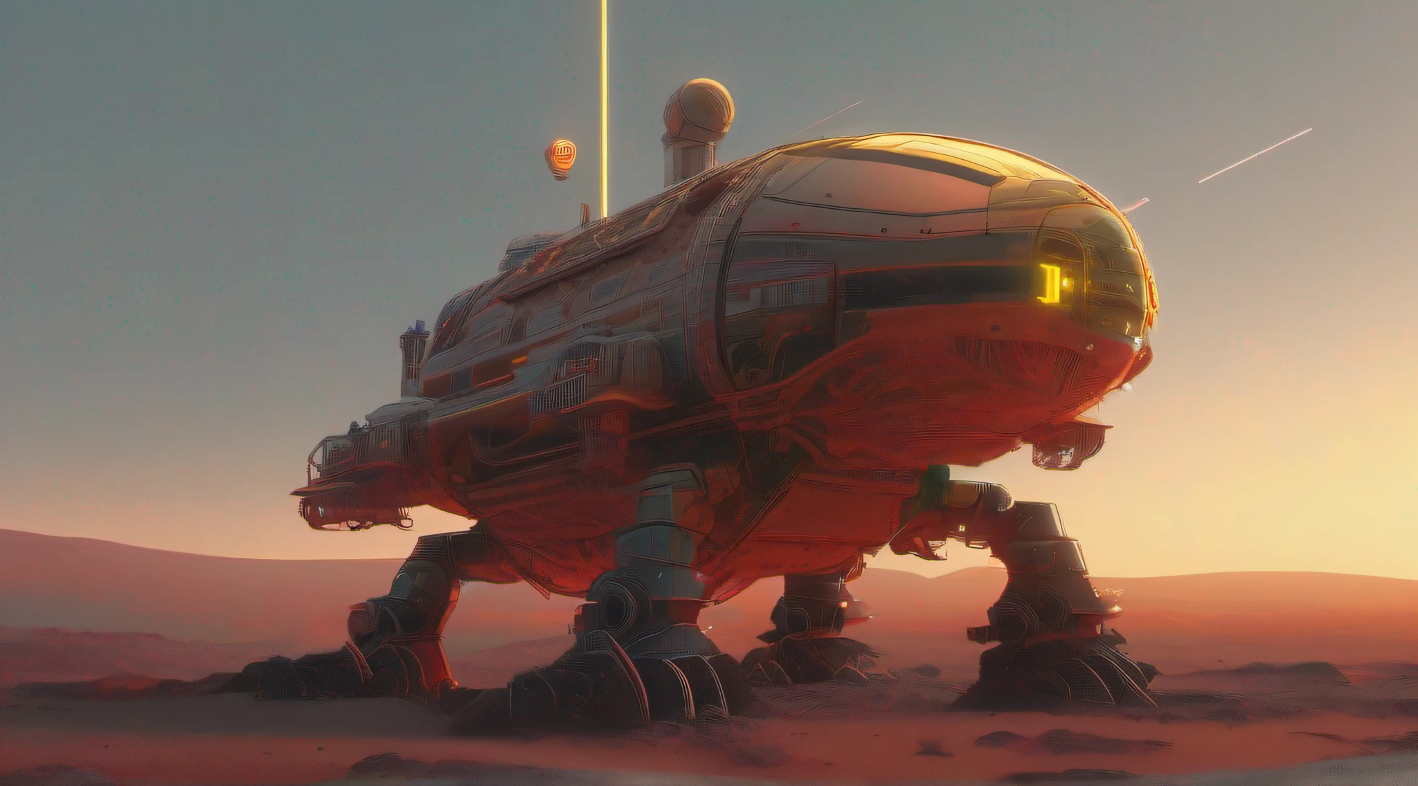 Rover no solo de um planeta com solo vermelho, creeping vegetation, pequenos insetos bioluminescentes, a yellowish mist in the environment, Planet illuminated by a binary star system, arte de fantasia, fiction awarded by specialized magazine, detalhes intrincados, 8K