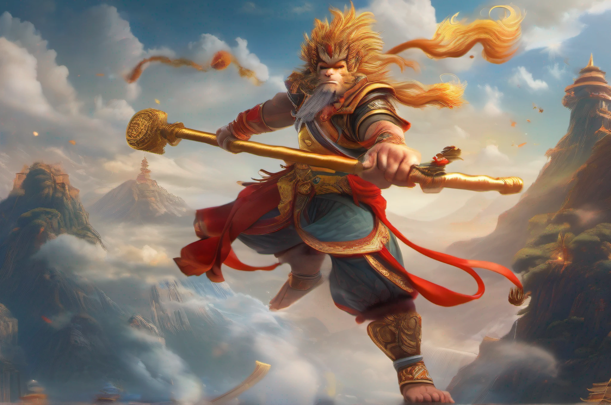 "The Monkey King Wukong, a legendary character in Chinese mythology, portrayed in an epic and visually stunning masterpiece. Capture his fierce and mischievous nature, emphasizing his iconic golden staff and mystical abilities. Set in a vibrant and fantastical world, filled with ancient temples, floating islands, and swirling clouds. Show the Monkey King in a dynamic pose, exuding power and confidence. Rendered in high-resolution CG with impeccable attention to detail, creating a truly immersive and awe-inspiring artwork."