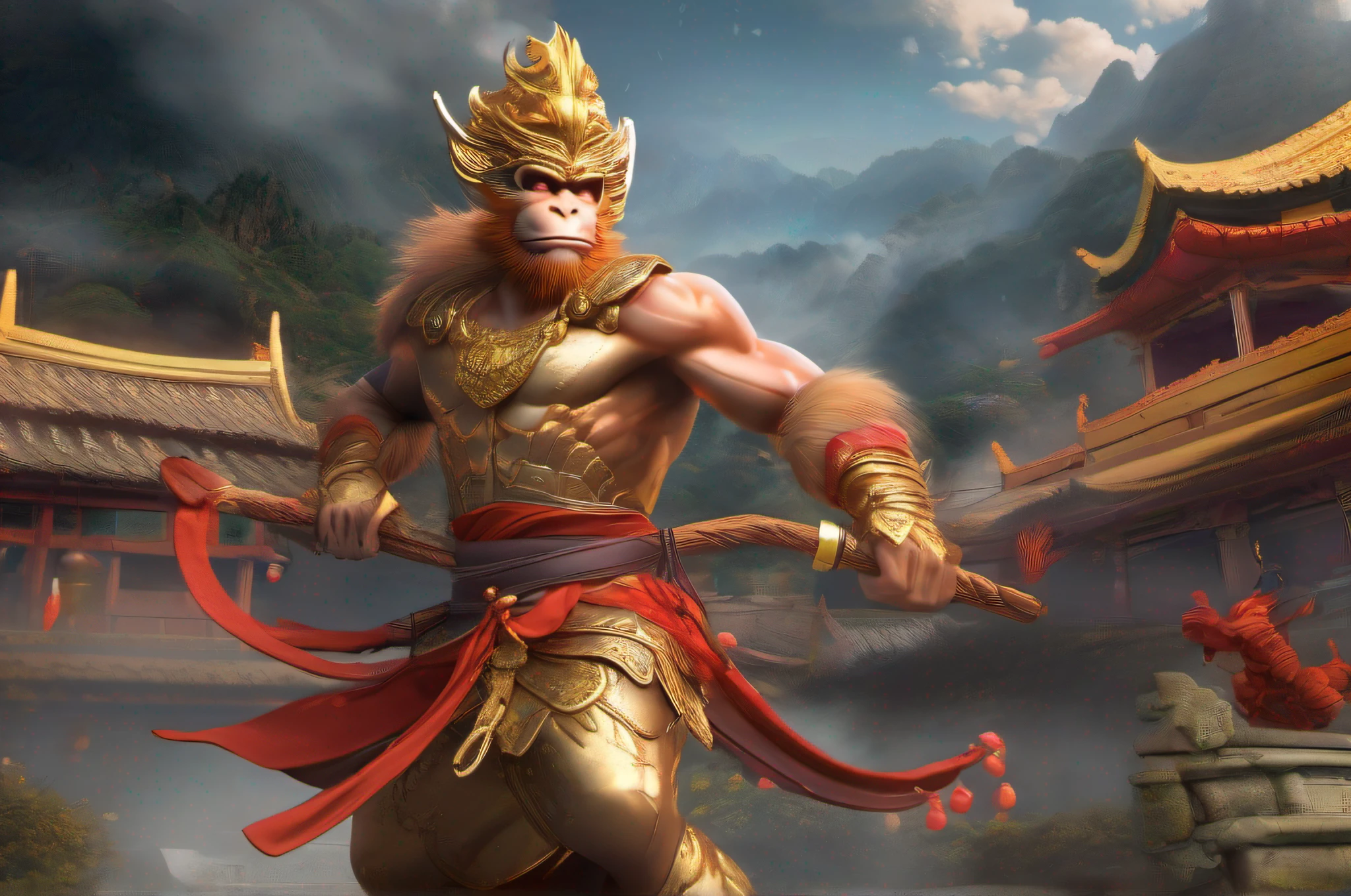 "The Monkey King Wukong, a legendary character in Chinese mythology, portrayed in an epic and visually stunning masterpiece. Capture his fierce and mischievous nature, emphasizing his iconic golden staff and mystical abilities. Set in a vibrant and fantastical world, filled with ancient temples, floating islands, and swirling clouds. Show the Monkey King in a dynamic pose, exuding power and confidence. Rendered in high-resolution CG with impeccable attention to detail, creating a truly immersive and awe-inspiring artwork."