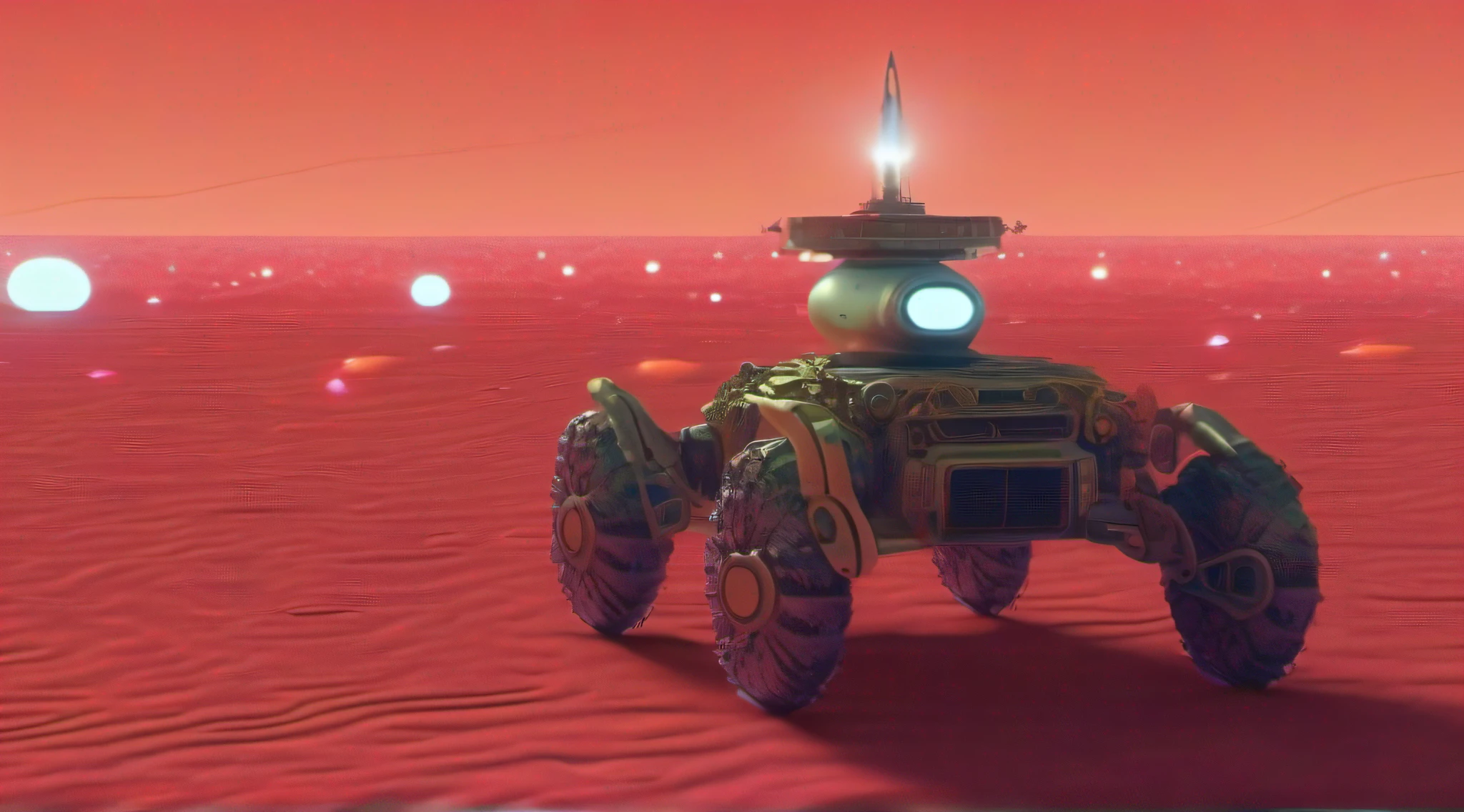 Rover no solo de um planeta com solo vermelho, creeping vegetation, pequenos insetos bioluminescentes, a yellowish mist in the environment, Planet illuminated by a binary star system, arte de fantasia, fiction awarded by specialized magazine, detalhes intrincados, 8K