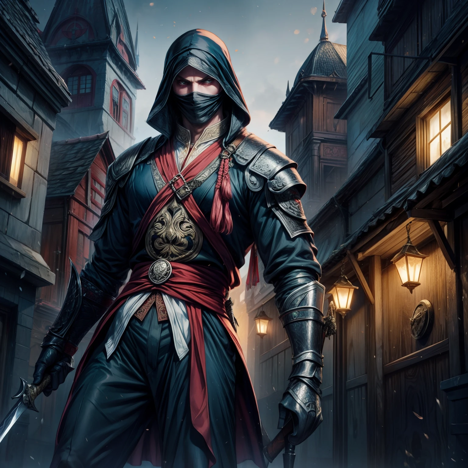 Um assassino mascarado em um traje noturno, um ninja. With a sword in his back and a dagger in his hand. The backdrop is medieval roofs of the European city, Ruas, estilo assassin's creed