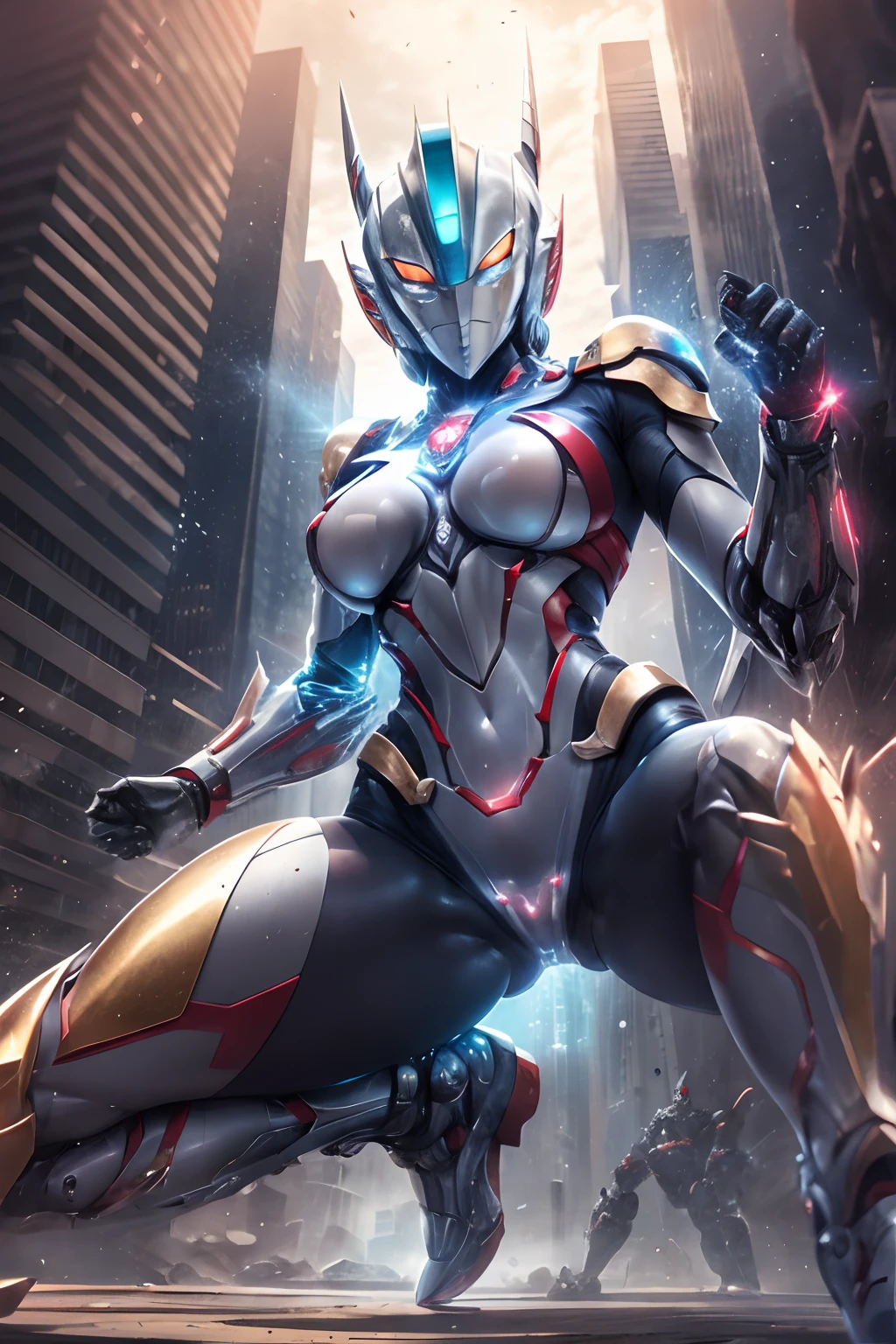 masutepiece, Best Quality, hight resolution,Realistic,Upper body,
1girll,Female Ultraman,an enormous woman,Mecha Ultraman, Looking at Viewer,Golden,white, Red,power armor,full armor, (translucent:1.4),(Stance:1.1),biomechanical,
building background、Mini City,metal reflective, Dramatic Lighting,。.。.。.。.。.。.。.。.3D, super detailed, Octane Render,NSFW,(victory Pose:1.2),Cameltoe、From below、Spread legs、show off groin,erected nipples,spread legs