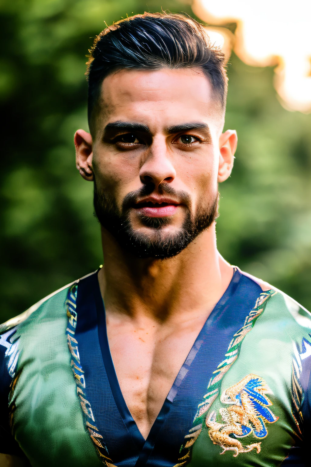 Gigachad gonzalo gubero bobadilla muscular with shakira face, handsome roman warrior, wide angle environmental full body shot of spartan warrior in a warrior outfit, action shot, vibrant dragon scale shirt and hazards, cracked porcelain skin, (Vibrant, photorealistic, realistic, dramatic, dark, sharp focus, 8k).