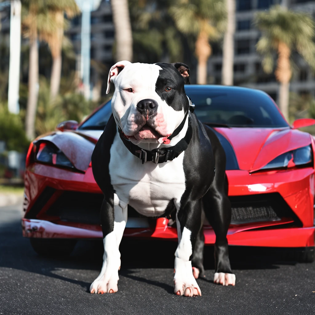 "masterpiece, black-coated American Bully with white color accents, channeling the Matrix style, sporting sunglasses, captured from a dynamic angle, delivering the best quality in stunning 4K resolution."