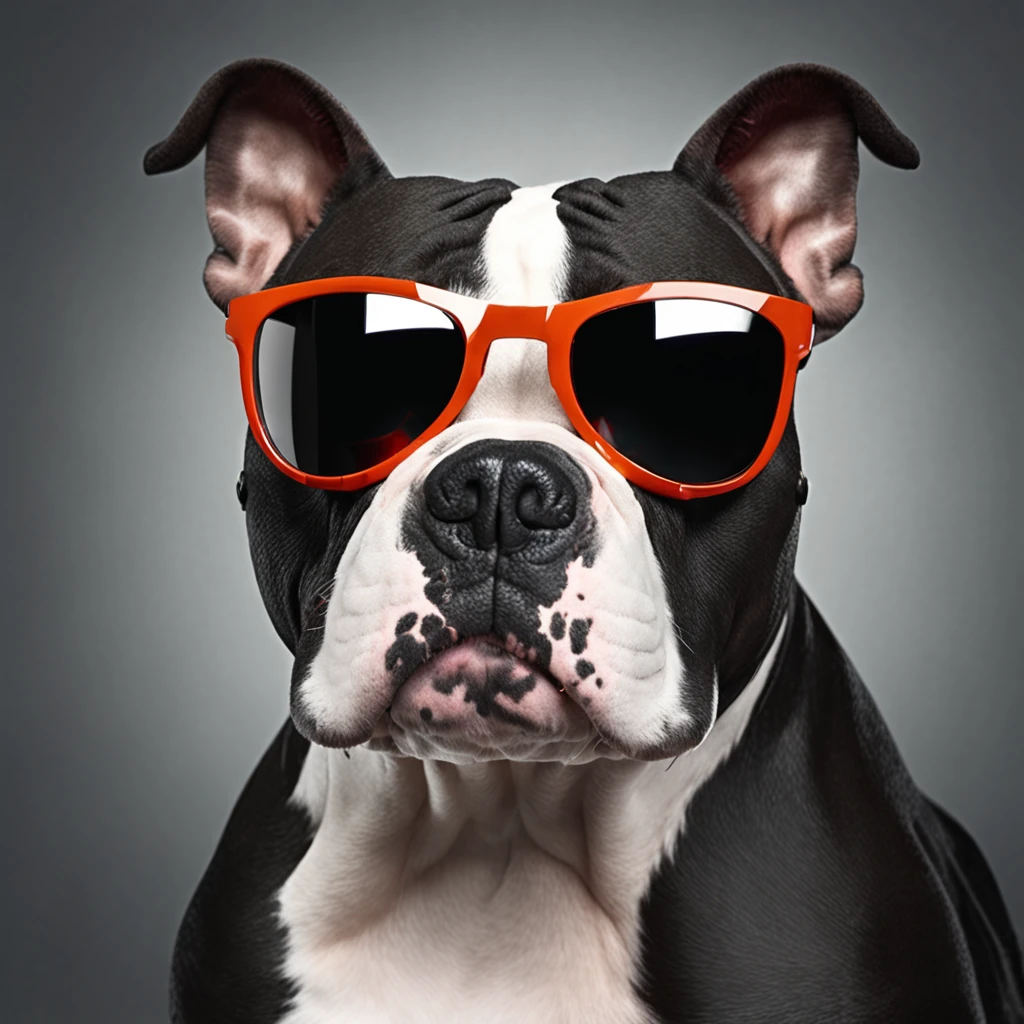 "masterpiece, black-coated American Bully with white color accents, channeling the Matrix style, sporting sunglasses, captured from a dynamic angle, delivering the best quality in stunning 4K resolution."