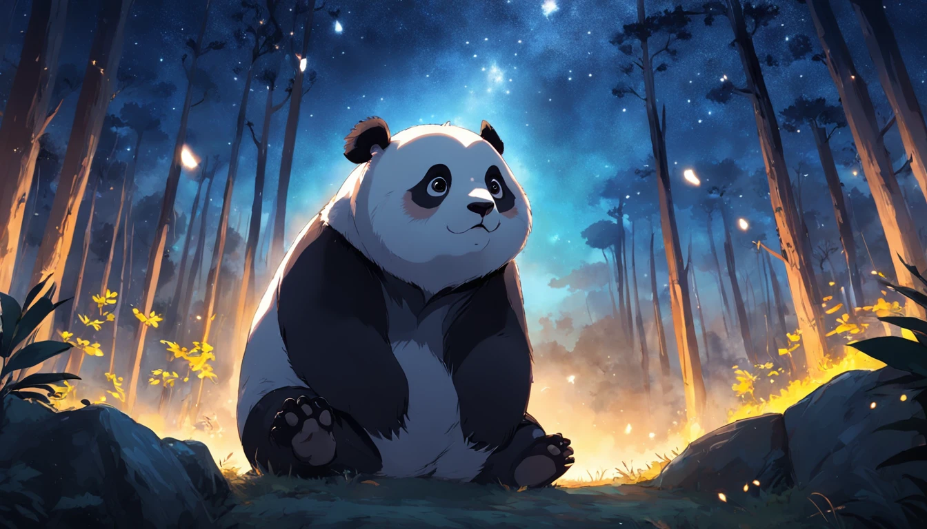 obra-prima, melhor qualidade, filme ainda, 1panda, panda nuvem, brilhante, Feliz, Soft lighting and Warm, noite, A panda in a forest looking up at the sky and catching a star, Starry sky, (Sparks: 0,7)