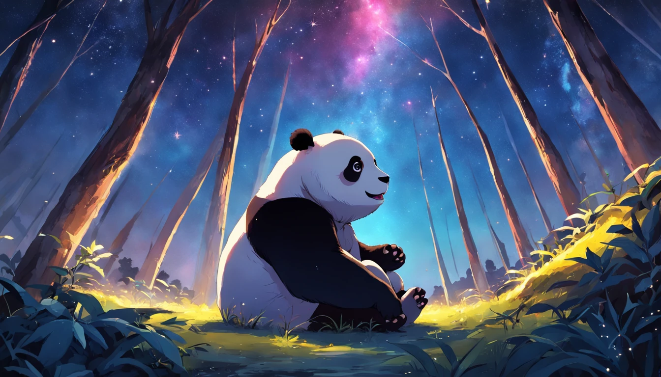 obra-prima, melhor qualidade, filme ainda, 1panda, panda nuvem, brilhante, Feliz, Soft lighting and Warm, noite, A panda in a forest looking up at the sky and catching a star, Starry sky, (Sparks: 0,7)
