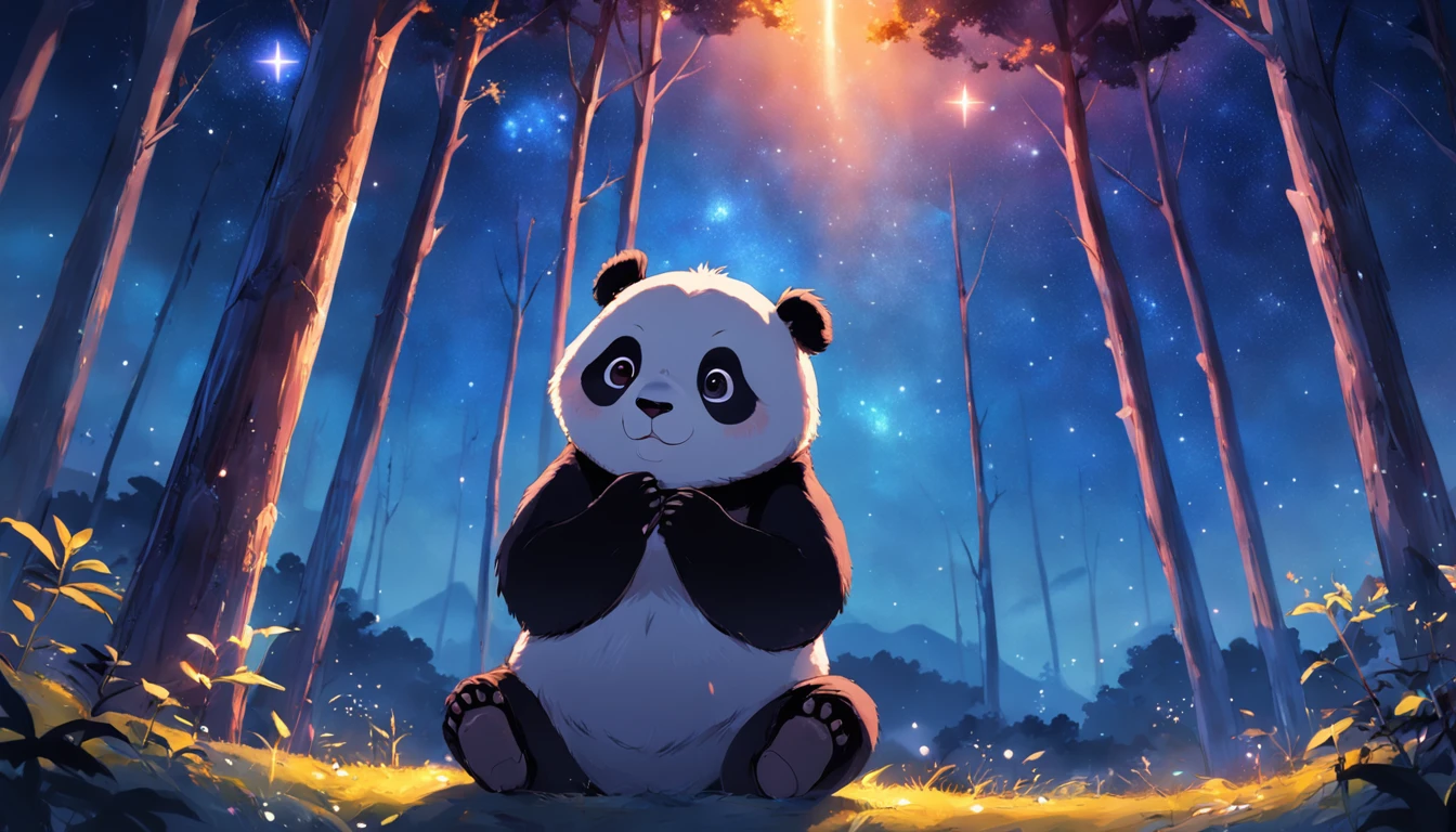 obra-prima, melhor qualidade, filme ainda, 1panda, panda nuvem, brilhante, Feliz, Soft lighting and Warm, noite, A panda in a forest looking up at the sky and catching a star, Starry sky, (Sparks: 0,7)
