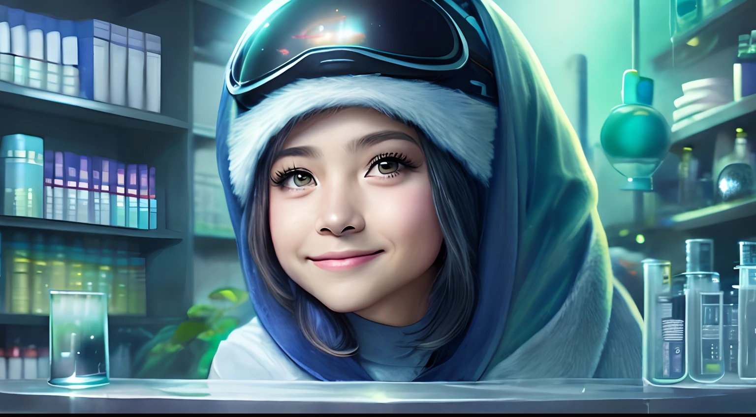 foto em close-up de uma cientista mulher, in a lab, painting digital adorable, Arte Digital, personagem pixar bonito