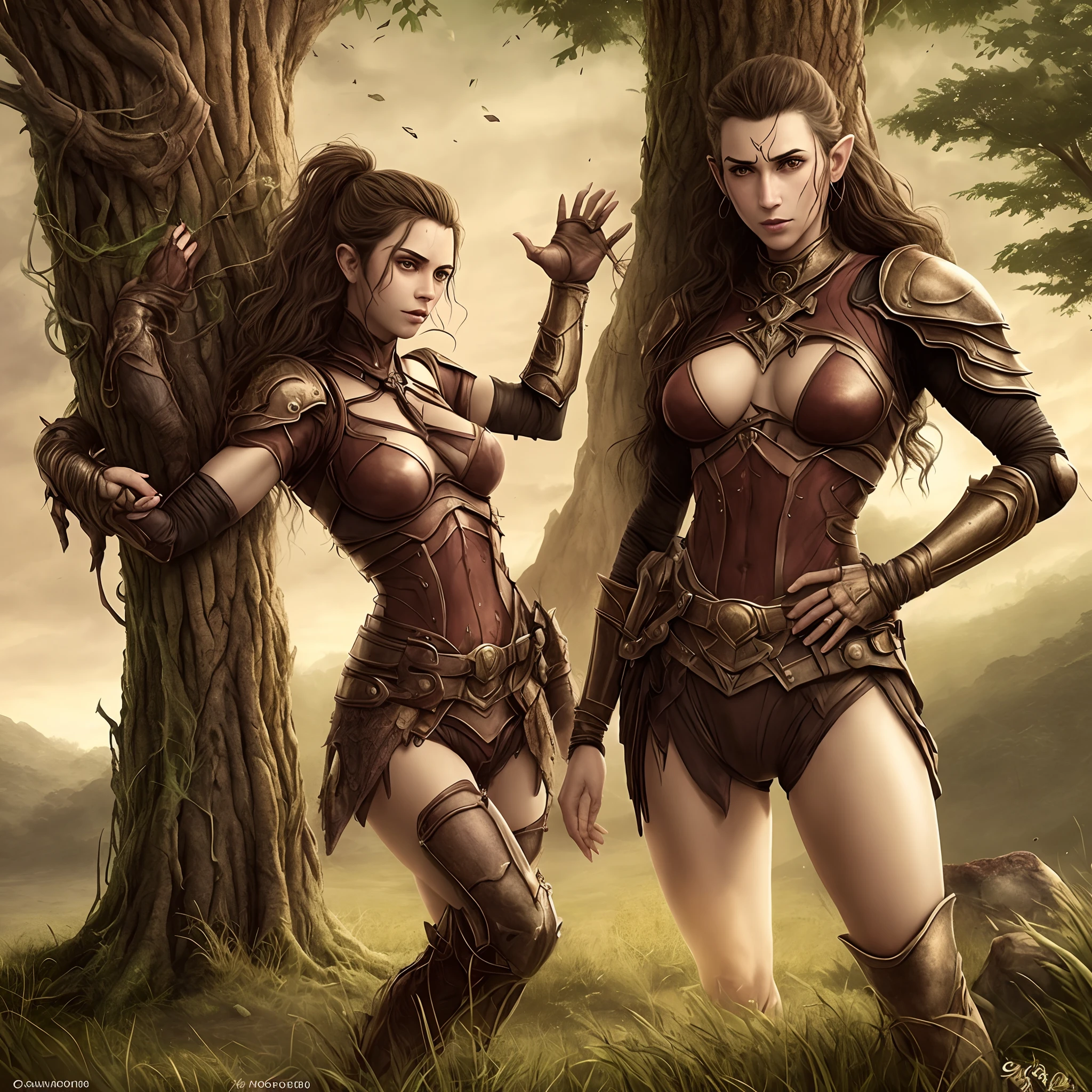 bela foto realista, An elf man stands near a tree, encostando-se a ele, (Correct anatomy of the hands), Vestido com um terno fechado, The trunk is covered with armor, cabelos escuros na altura dos ombros, cara bonita, Com a pele limpa, O homem foi ferido na lateral, Raiva e raiva em seu rosto, Detalhando, Correct anatomy of the hands; cara bonita, pele limpa, bronzeamento na pele, The backdrop is a summer scrub, capa de romance, Capa de livro de romance, fantasy romantic, estilo da capa do livro, romance, Capa de fantasia urbana do romance, A capa de um livro de fantasia, fantasy genre portrait