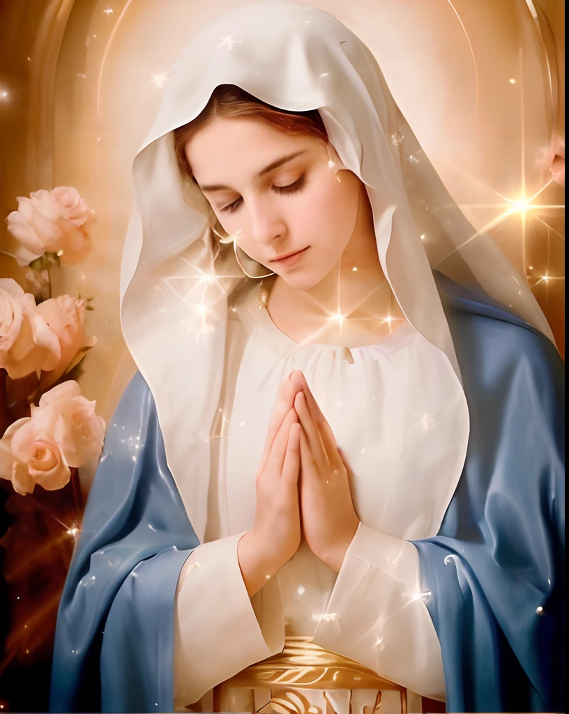 (((Blessed Virgin Mary. 19 years old))) ((( Con una cara seria y piadosa. Con una mirada dulce y tierna))) (obra maestra, calidad superior, mejor calidad, arte oficial, beautiful and aesthetic: 1.2), (1girl), extremadamente detallado, (Arte fractal: 1.3), colorido, highest detailed, Cara perfecta, parte superior del cuerpo, HDR, (orando: 1.3), (golden lines of white coat: 1.2), galaxia, (rayas de luz), eye-catching visuals, (dynamic stripes, senderos luminosos: 1.2), colores vibrantes,