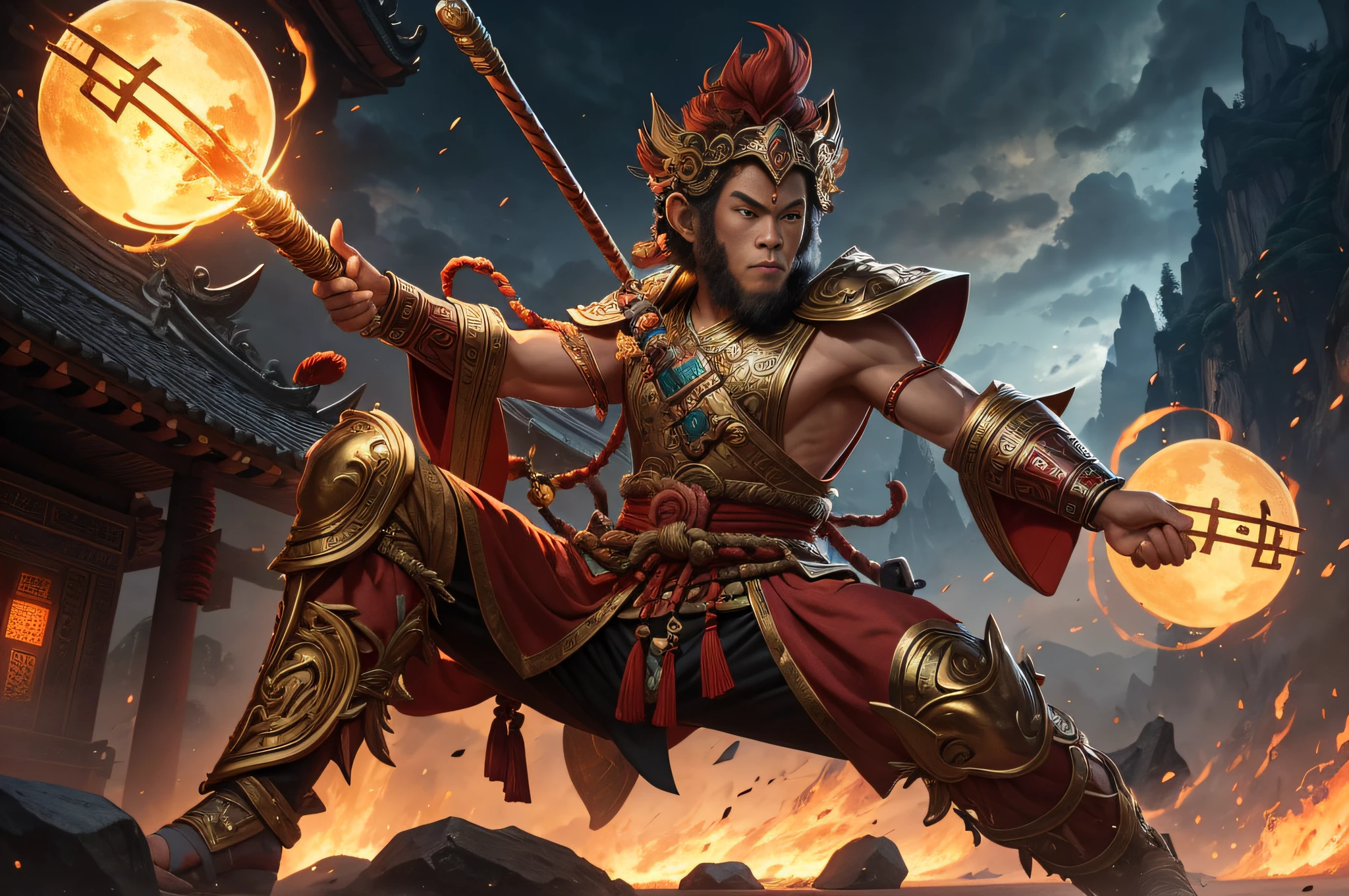 "The Monkey King Wukong, a legendary character in Chinese mythology, portrayed in an epic and visually stunning masterpiece. Capture his fierce and mischievous nature, emphasizing his iconic golden staff and mystical abilities. Set in a vibrant and fantastical world, filled with ancient temples, floating islands, and swirling clouds. Show the Monkey King in a dynamic pose, exuding power and confidence. Rendered in high-resolution CG with impeccable attention to detail, creating a truly immersive and awe-inspiring artwork,8k, super detail,,"