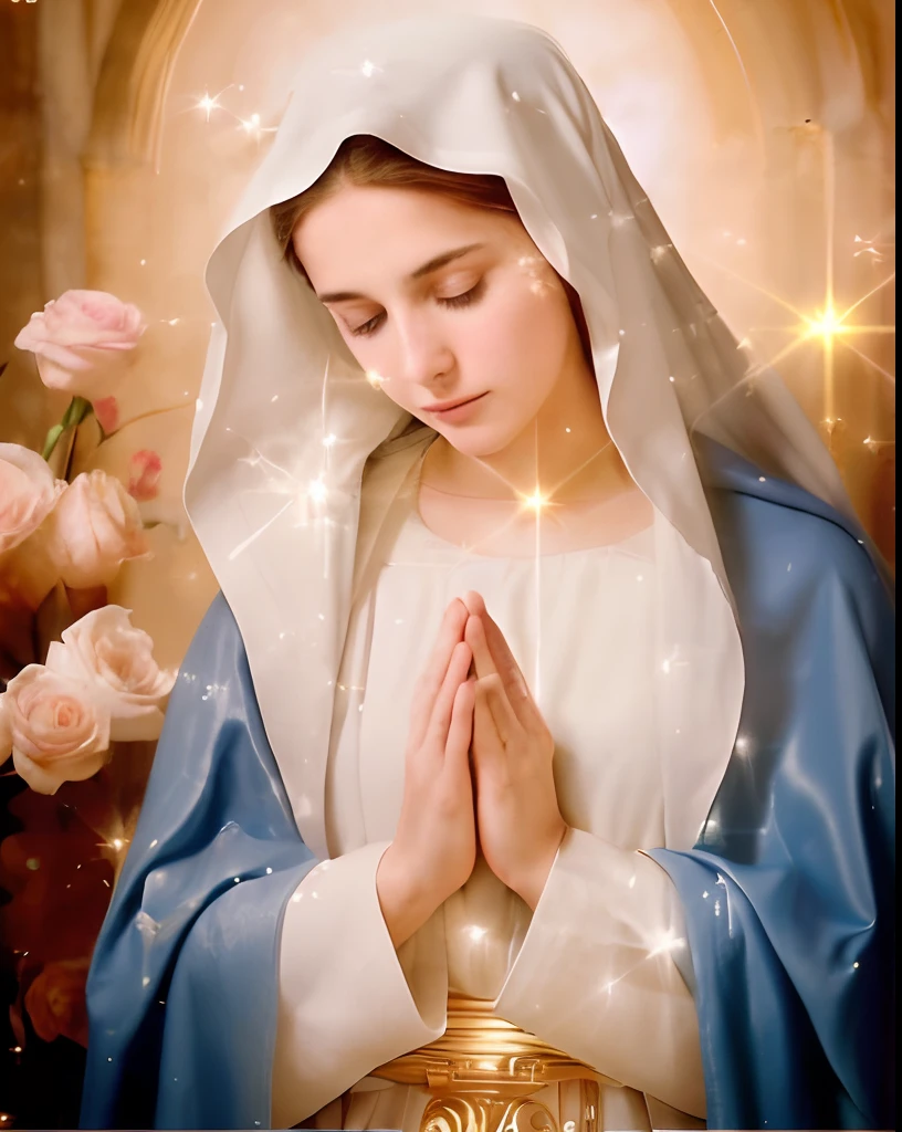 (((Blessed Virgin Mary. 19 years old))) ((( Con una cara seria y piadosa. Con una mirada dulce y tierna))) (obra maestra, calidad superior, mejor calidad, arte oficial, beautiful and aesthetic: 1.2), (1girl), extremadamente detallado, (Arte fractal: 1.3), colorido, highest detailed, Cara perfecta, parte superior del cuerpo, HDR, (orando: 1.3), (golden lines of white coat: 1.2), galaxia, (rayas de luz), eye-catching visuals, (dynamic stripes, senderos luminosos: 1.2), colores vibrantes,