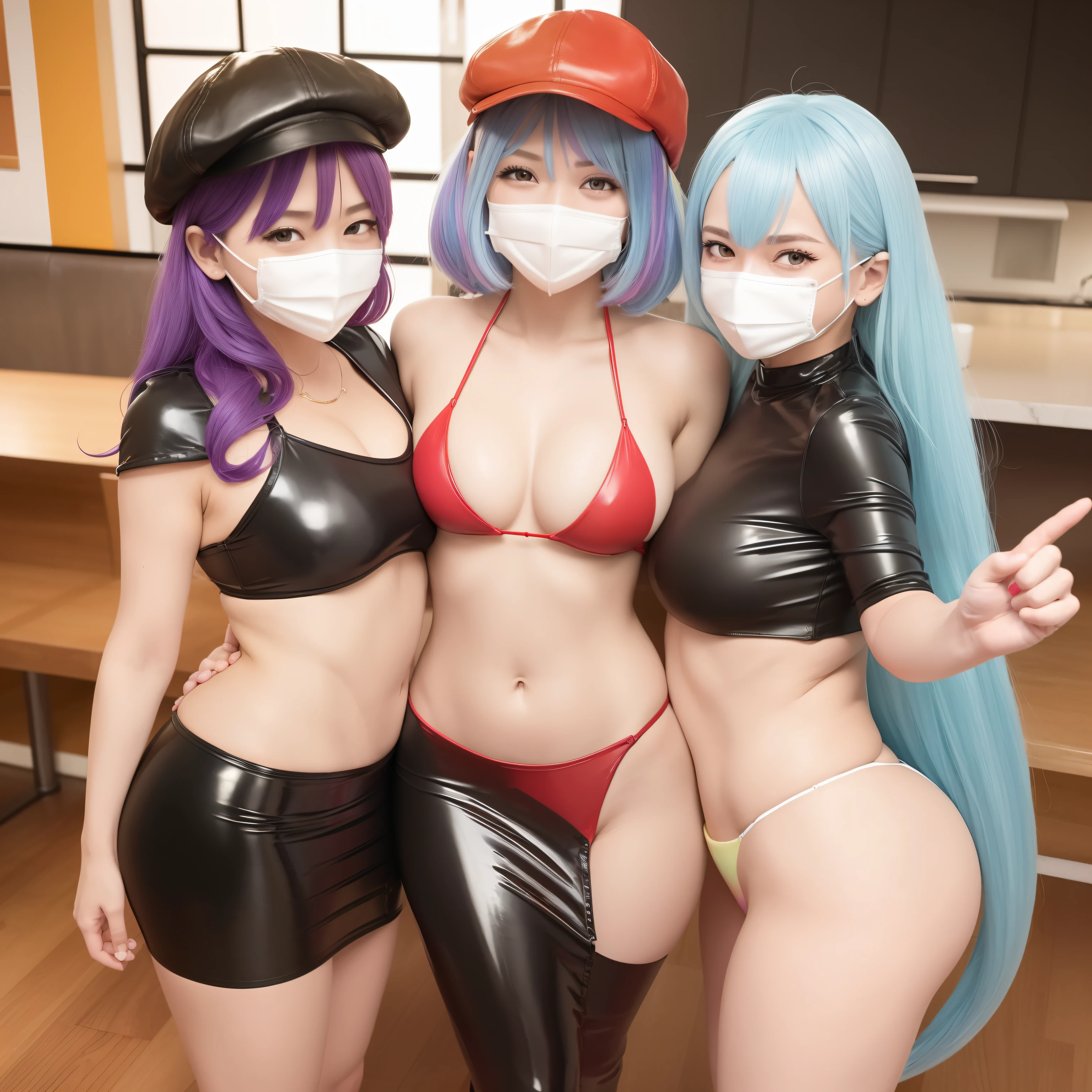 masutepiece,A hyper-realistic,32K,the Extremely Detailed CG Unity 8K Wallpapers, Best Quality,2 girls,Hamburger shop clerk,hugging big hamburger,(Wearing a colorful bikini:1.3),(Wear a latex mask:1.2),(Wearing the Latex Mermaid skirt:1.1),Beautifully shining silver eyes,rainbow hair,Full body painting, Inside the diner,evening glow,Latex Cape,(Wearing a leather flat cap:1.2),Smile,with a dish on hamburger