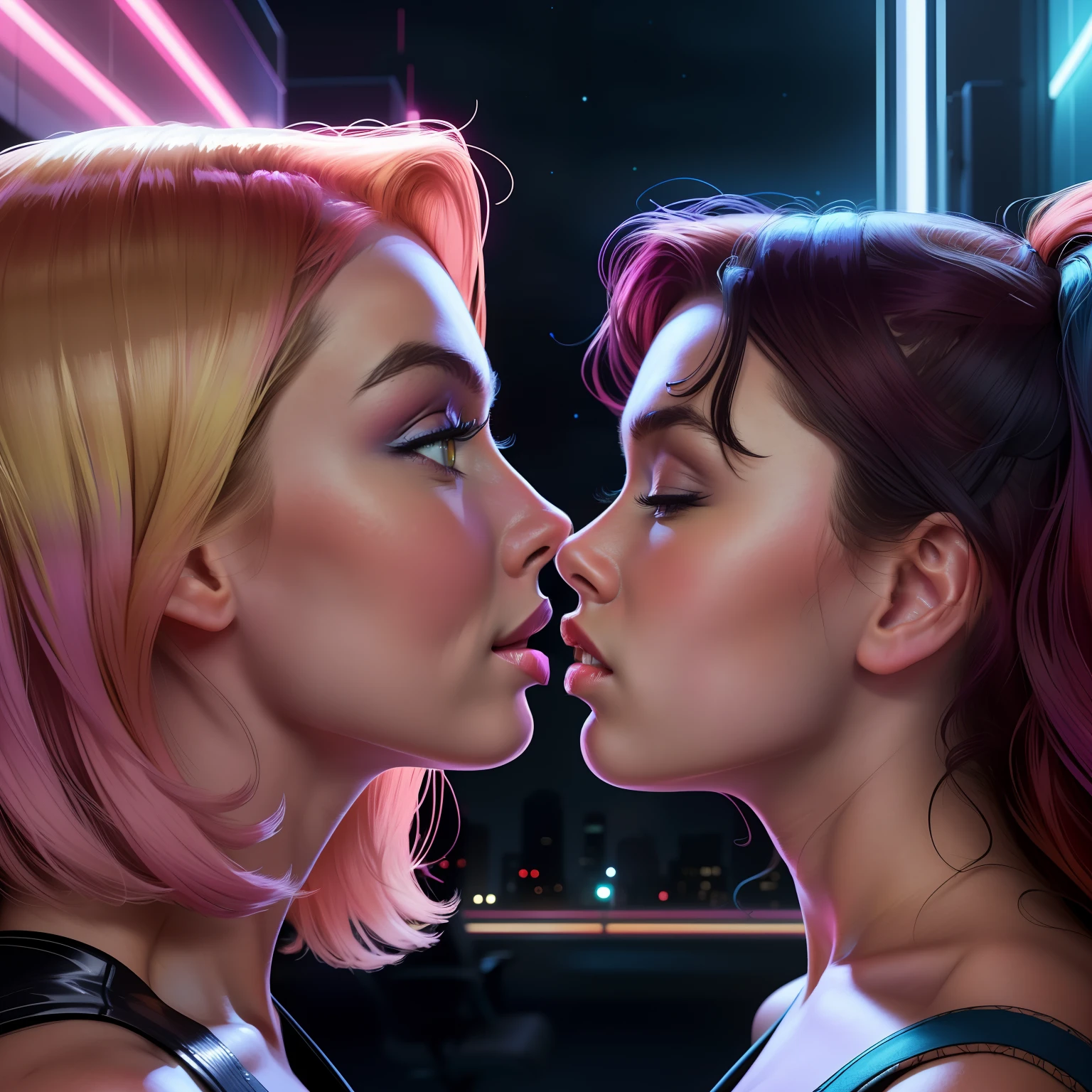 Neon, 8K, portrait, highly-detailed, taken from side view, two girls standing face to face, full body view, kissing, eyes closed, wearing stockings, black hair girl facing left while second girl facing right with ginger hair, shy and blushing expression, [Margot Robbie|Brie Larson], cleavage, surreal and dreamlike setting, soft pastel colors