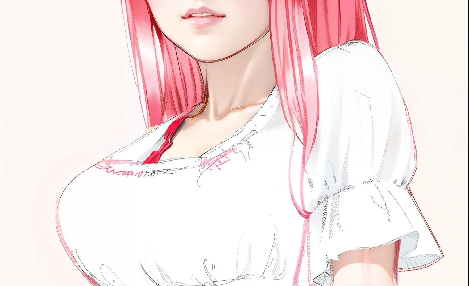Realistic girl with pink hair and white shirt looking at camera, with red hair, she has red hair, red hair girl, colored sketch anime manga panel, drawn with photoshop, close up half body shot, red haired girl,