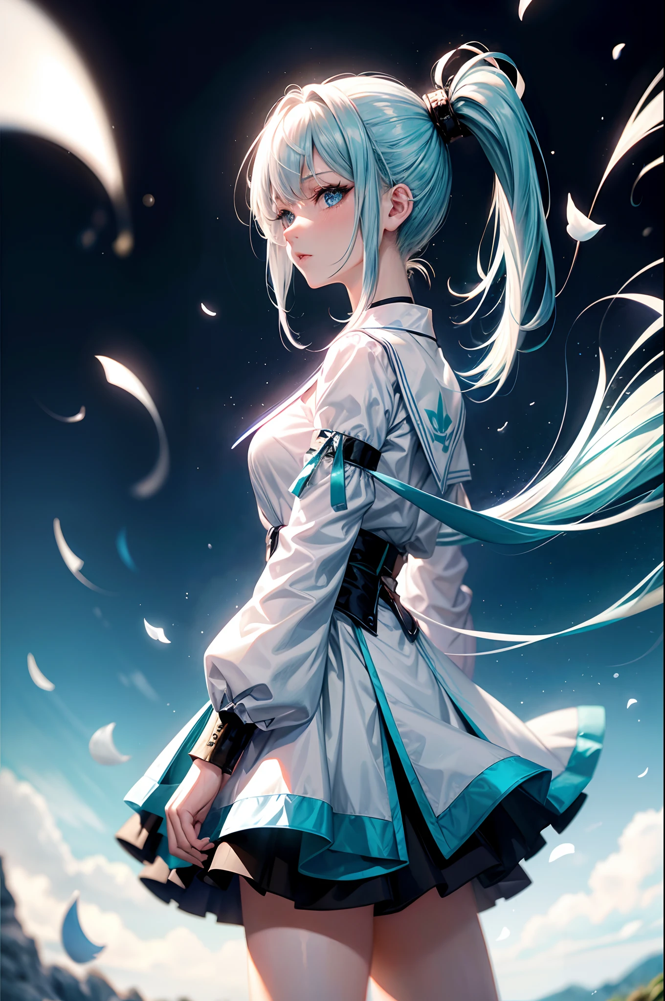 20 years old woman, blue eyes, white-haired side ponytail,Design clothing,Seven-doppelganger shot,Anime style 4K,Anime girl with teal hair,High quality anime art style,Standing painting,Splash ink background,Blue Themes, 8k, illumination, light, dynamic angle, depth of field, light and shadow, Real light and shadow, diffuse reflection
