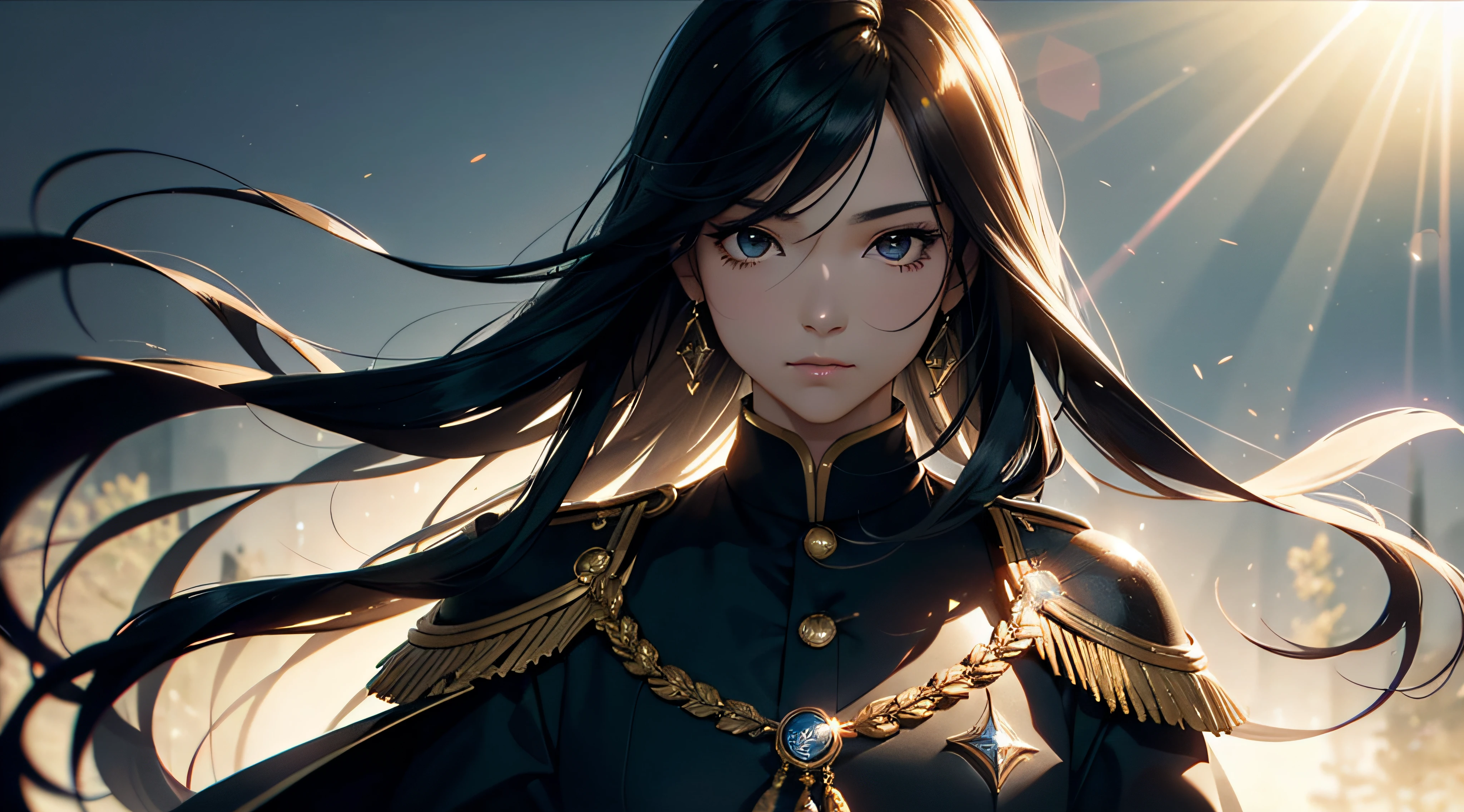 Transcendent beautiful girl with long black hair dressed as a man in male uniform、Highly detailed background，Realistic，ultra-detailliert，super detailed skin，light glow，Film grain，Expro II，Lens Flare，Sharpen，cinematic shadow, Highly detailed background，Realistic，ultra-detailliert，super detailed skin，light glow，Film grain，Expro II，Lens Flare，Sharpen，cinematic shadow、full body Esbian
