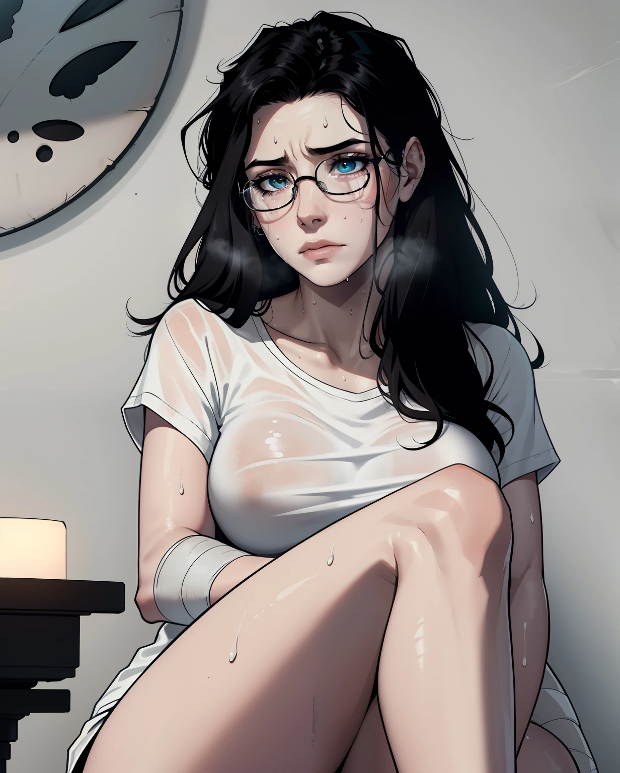 Best quality, volumetric lighting, cool ambient lighting, masterpiece, ultra high res, 4k, (soft round detailed face), (sad expression), depressed, grief, crying, hopeless, begging, (very pale light skin), (bare legs), detailed black hair, ((long messy greasy hair)), (wearing rounded glasses), unwashed, unkempt, tired, disheveled, grey t shirt, (bandaged arm), sweat, sweaty, (making eye contact)