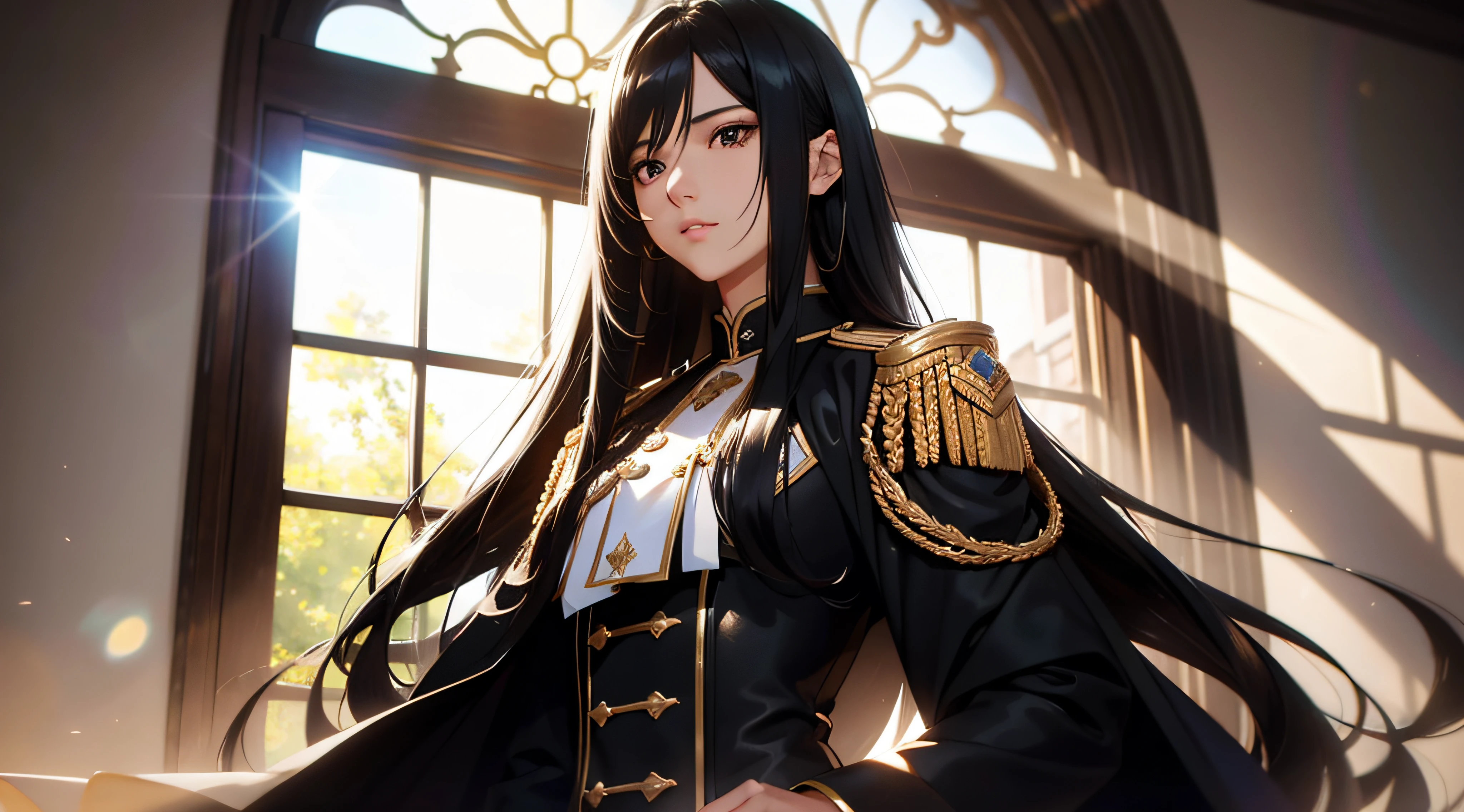 Transcendent beautiful girl with long black hair dressed as a man in male uniform、Highly detailed background，Realistic，ultra-detailliert，super detailed skin，light glow，Film grain，Expro II，Lens Flare，Sharpen，cinematic shadow, Highly detailed background，Realistic，ultra-detailliert，super detailed skin，light glow，Film grain，Expro II，Lens Flare，Sharpen，cinematic shadow、full body Esbian