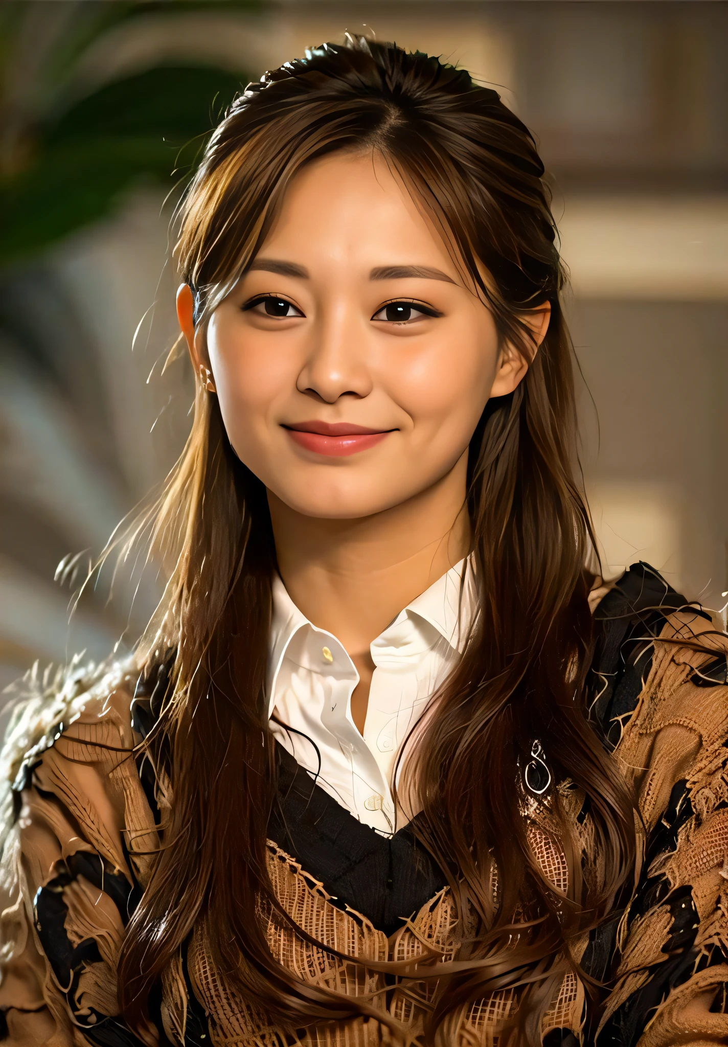 best quality, ultra high res, (photorealistic:1.4), 1girl, a woman with long hair and a sweater on smiling at the camera with a smile on her face , solo focus, ((half body), (brown hair:1)), looking at viewer, swimming pool, smile, hands behind (ulzzang-6500-v1.1:0.2)