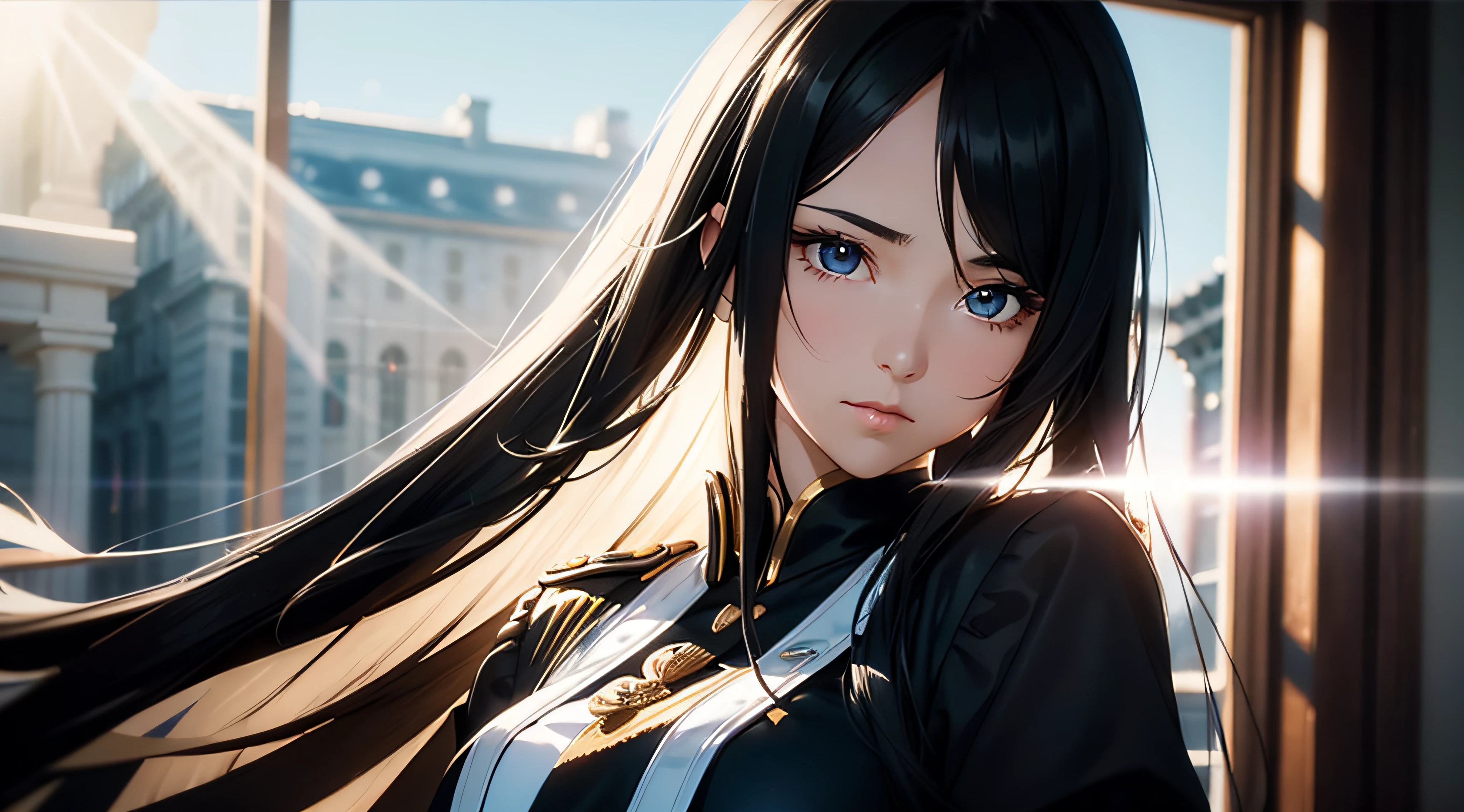 Transcendent beautiful girl with long black hair dressed as a man in male uniform、Highly detailed background,Realistic,ultra-detailliert,super detailed skin,light glow,Film grain,Expro II,Lens Flare,Sharpen,cinematic shadow, Highly detailed background,Realistic,ultra-detailliert,super detailed skin,light glow,Film grain,Expro II,Lens Flare,Sharpen,cinematic shadow、full body Esbian
