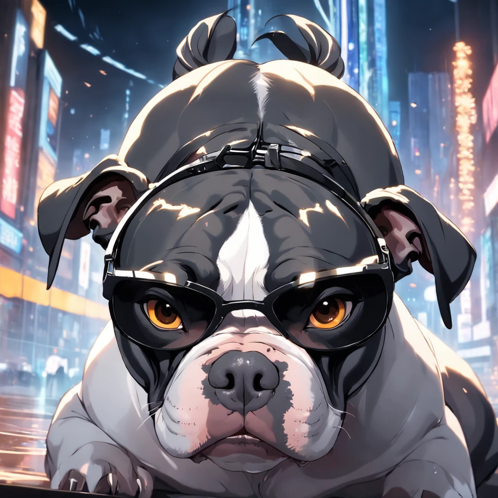 "masterpiece, black-coated American Bully with white color accents, channeling the Matrix style, sporting sunglasses, captured from a dynamic angle, delivering the best quality in stunning 4K resolution."