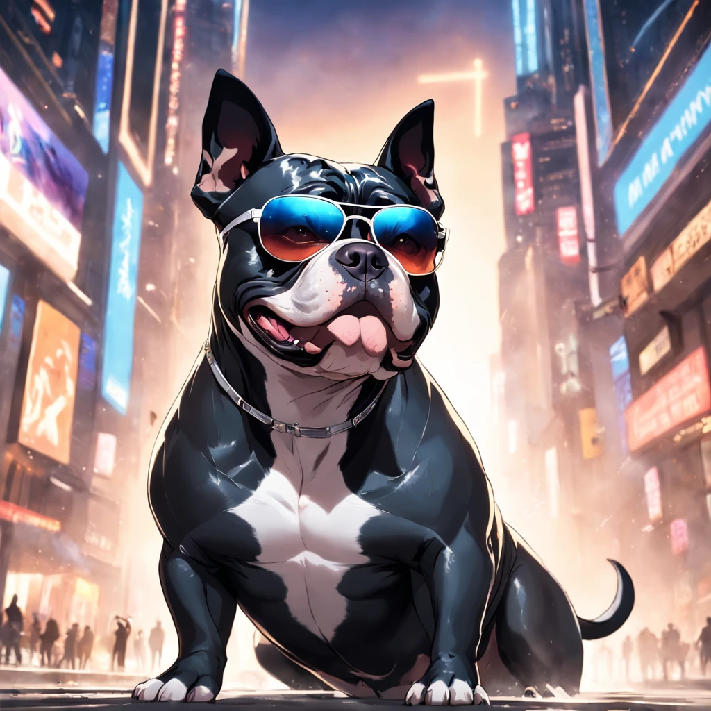 "masterpiece, black-coated American Bully with white color accents, channeling the Matrix style, sporting sunglasses, captured from a dynamic angle, delivering the best quality in stunning 4K resolution."