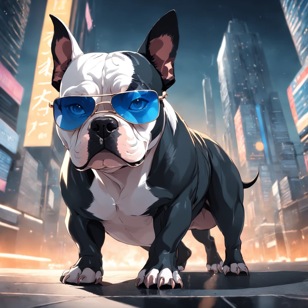 "masterpiece, black-coated American Bully with white color accents, channeling the Matrix style, sporting sunglasses, captured from a dynamic angle, delivering the best quality in stunning 4K resolution."