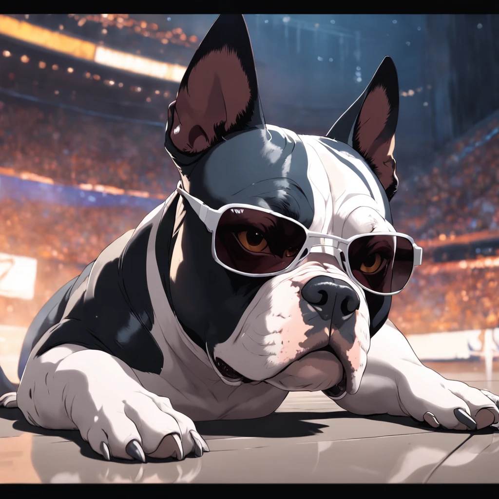 "masterpiece, black-coated American Bully with white color accents, channeling the Matrix style, sporting sunglasses, captured from a dynamic angle, delivering the best quality in stunning 4K resolution."