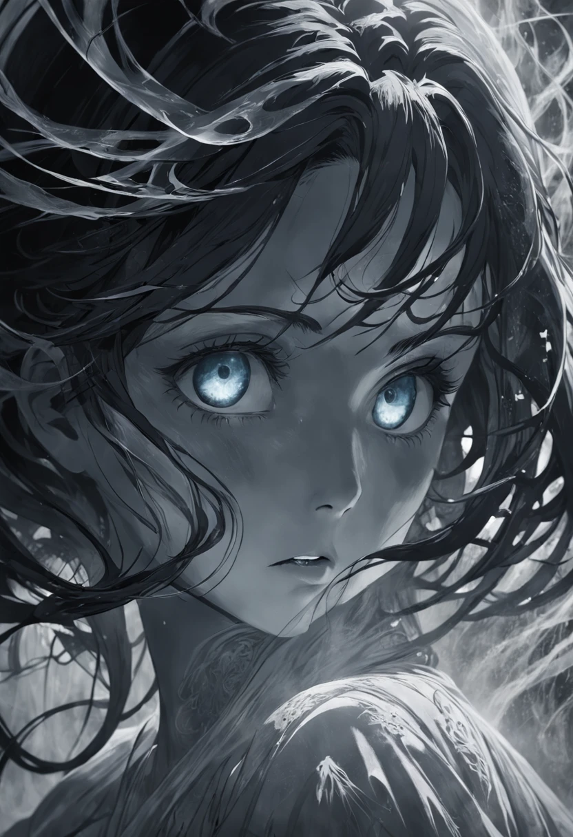 A zoomed-in view of a woman's face, captured in black and white, her eyes gazing directly at the viewer with an intense expression, her features etched with a sense of mystery and allure, surrounded by wisps of fog, adding an ethereal touch, Sculpture, carved from marble