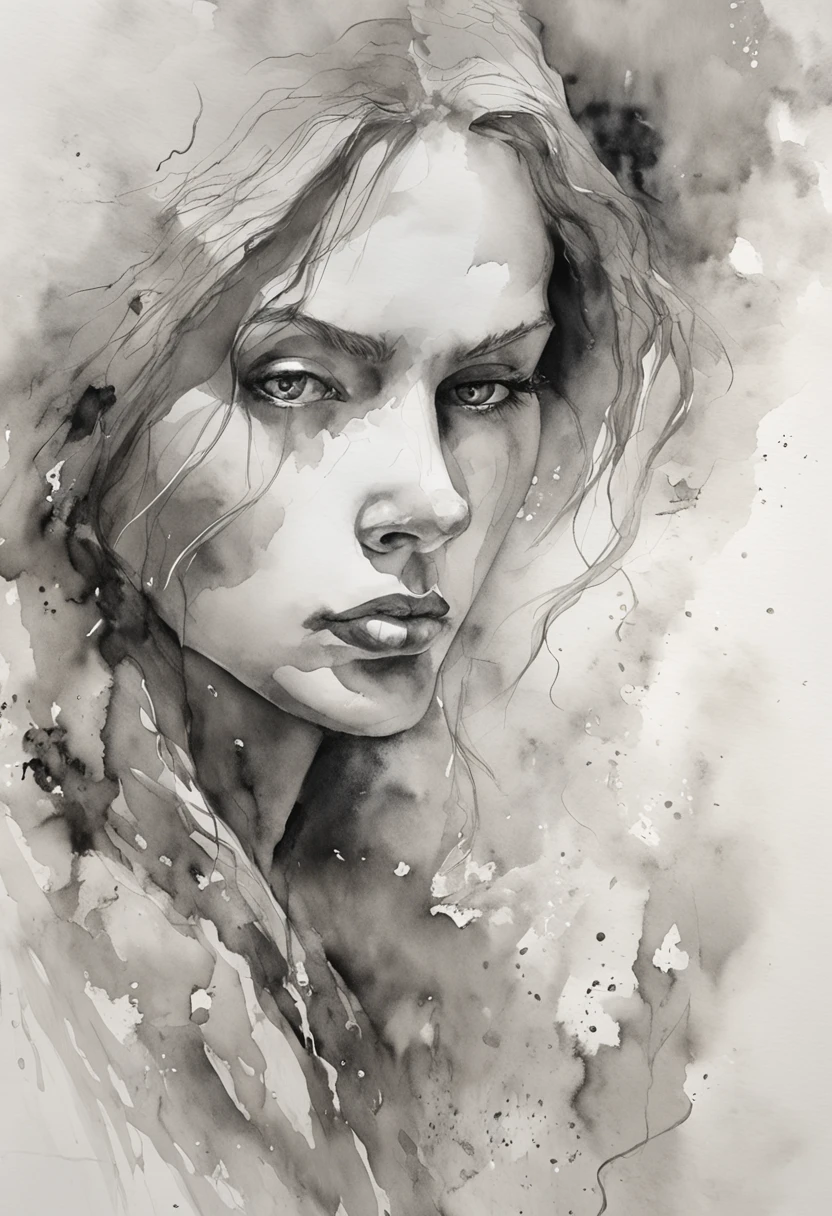 A zoomed-in view of a woman's face, captured in black and white, her eyes gazing directly at the viewer with an intense expression, her features etched with a sense of mystery and allure, surrounded by wisps of fog, adding an ethereal touch, Sculpture, carved from marble