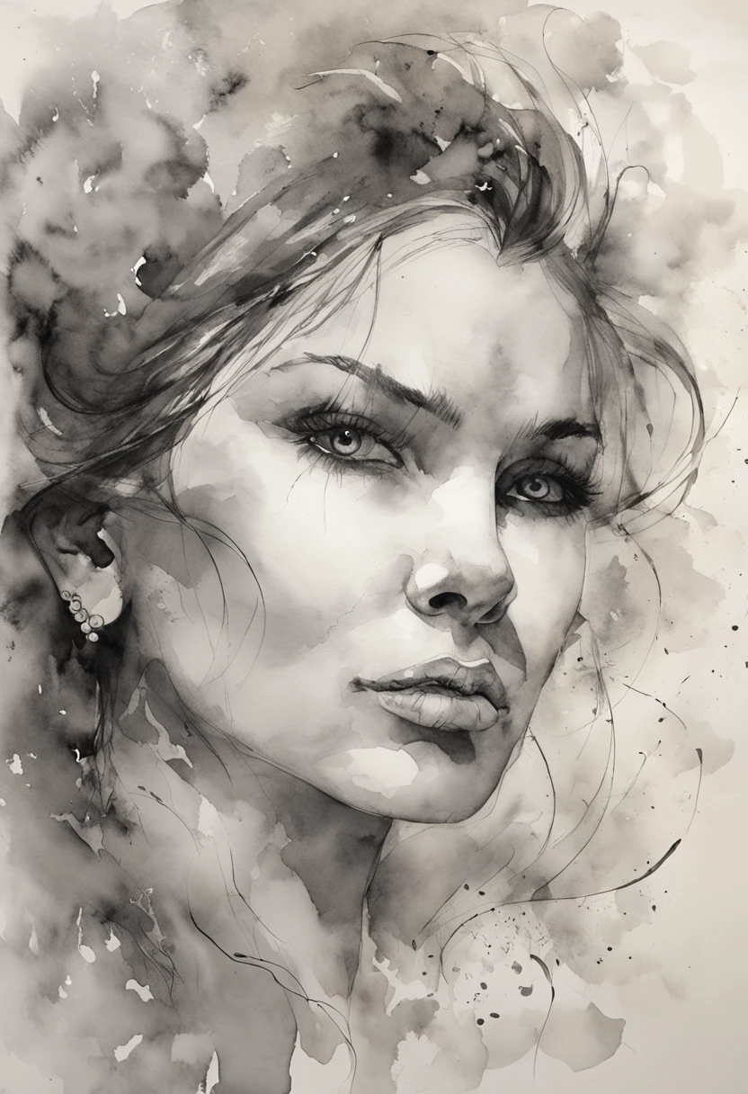 A zoomed-in view of a woman's face, captured in black and white, her eyes gazing directly at the viewer with an intense expression, her features etched with a sense of mystery and allure, surrounded by wisps of fog, adding an ethereal touch, Sculpture, carved from marble