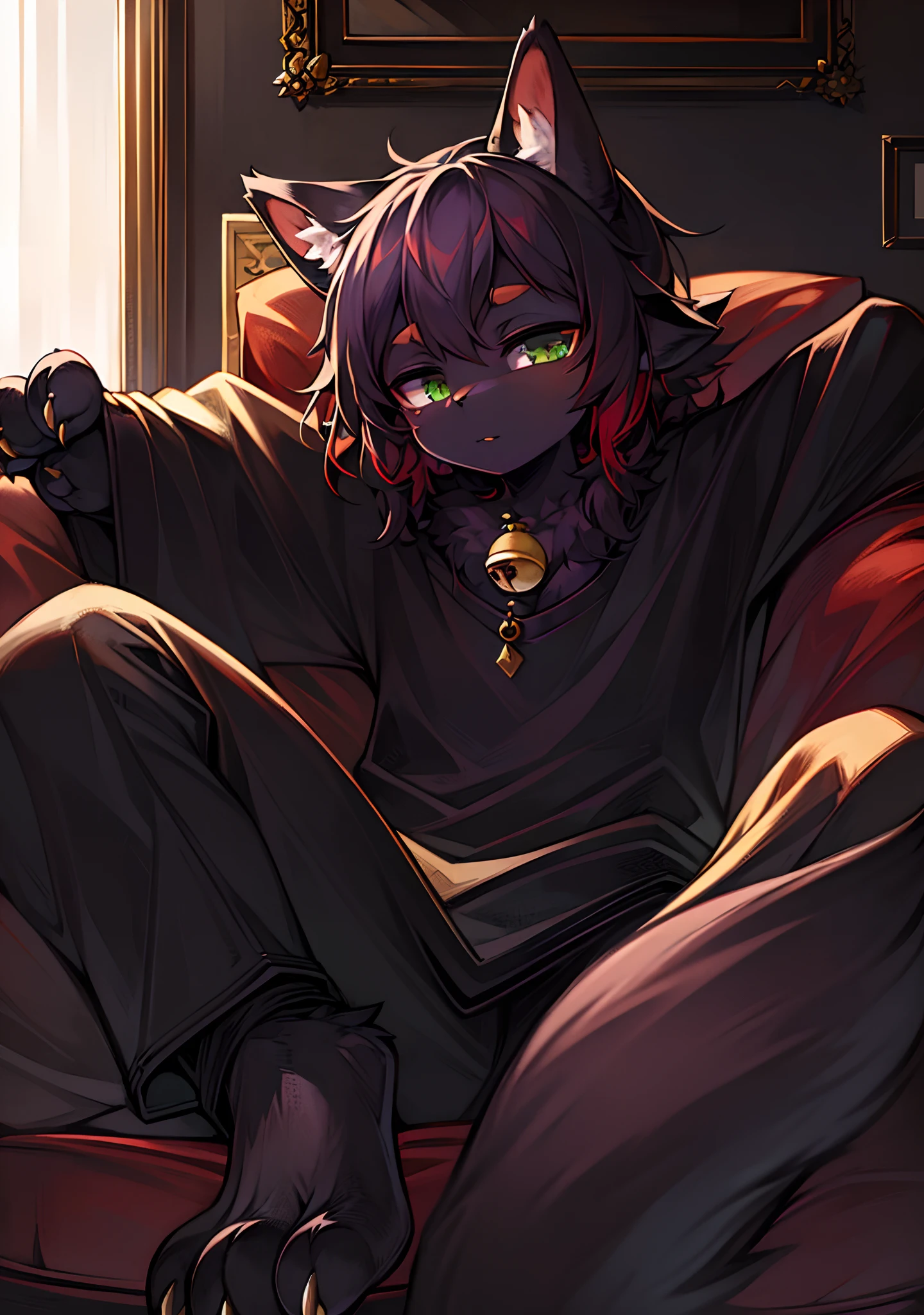 (Best picture quality),(tmasterpiece),,(((solo person))),(ultra - detailed),(Male felines:1.5), (Light black skin:1.3), (Pale black fur:1.3),((Green ㇏ eyes))，Red eyeliner， ((Feline paws)), ((Black claws)),(Black ears),Sharp focus,(The furry feeling of animal ears)，Loose pajamas，Lazy on the couch，cheeks slightly red，Detailed characters,Close-up of people，Detailed costumes