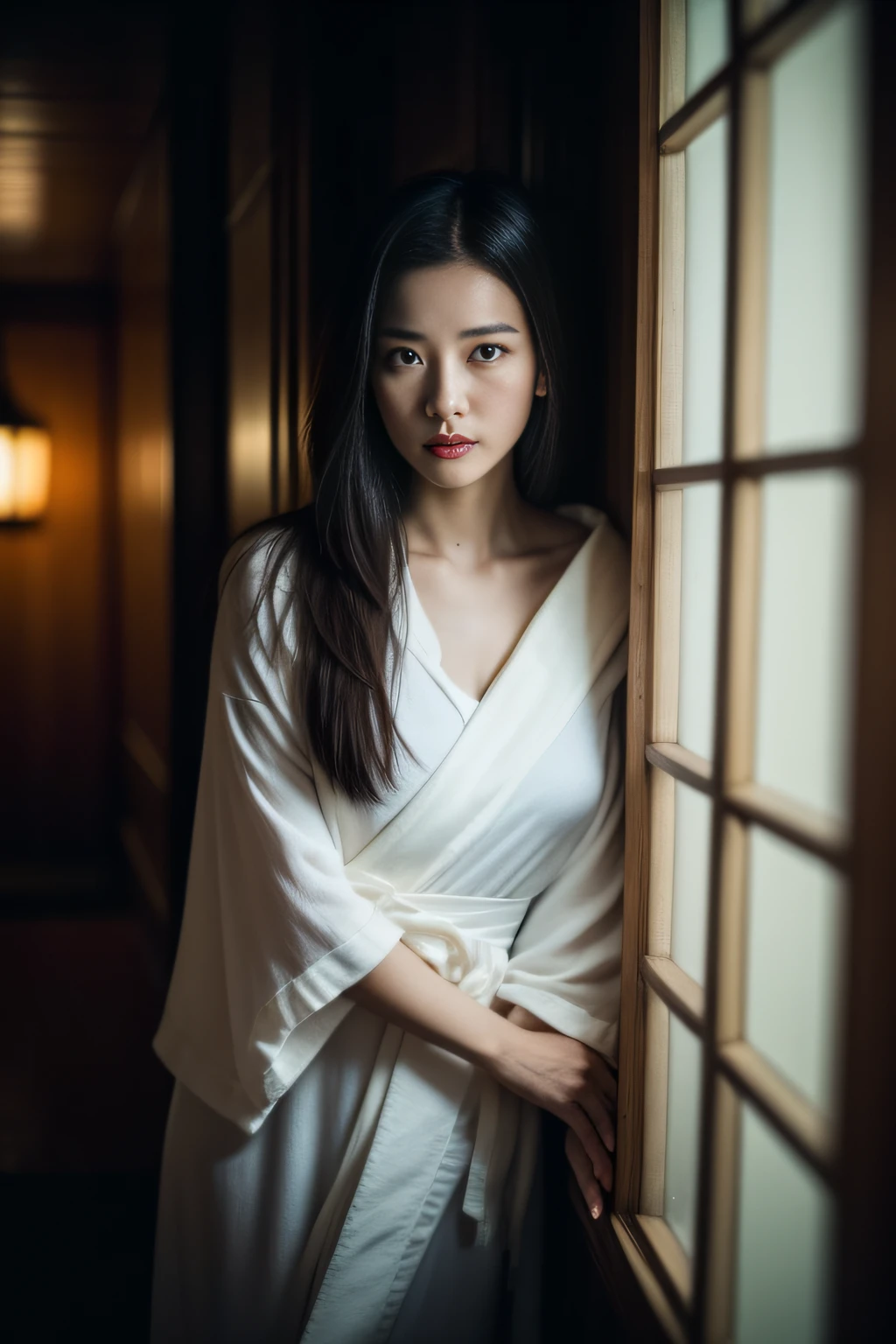 (masterpiece、high-level image quality、hightquality)、(The ghost of a young beauty)、Female Ghost Story,(Japan Ghost Story、spirit、Psychic phenomena)、Stray Spirits、Amazing beauty、爆乳、Excellent style、Mind-boggling images、She looks like a model actress in Japan.Glossy、full body Esbian、Release cold air、chill、 Beauty Yokai、dimmed lights.lantern、canny、vhorrified、Japanese houses、Darkness of the night、((fiction、Horror Pictures、ghosts、aura、Psychic Photography))、
