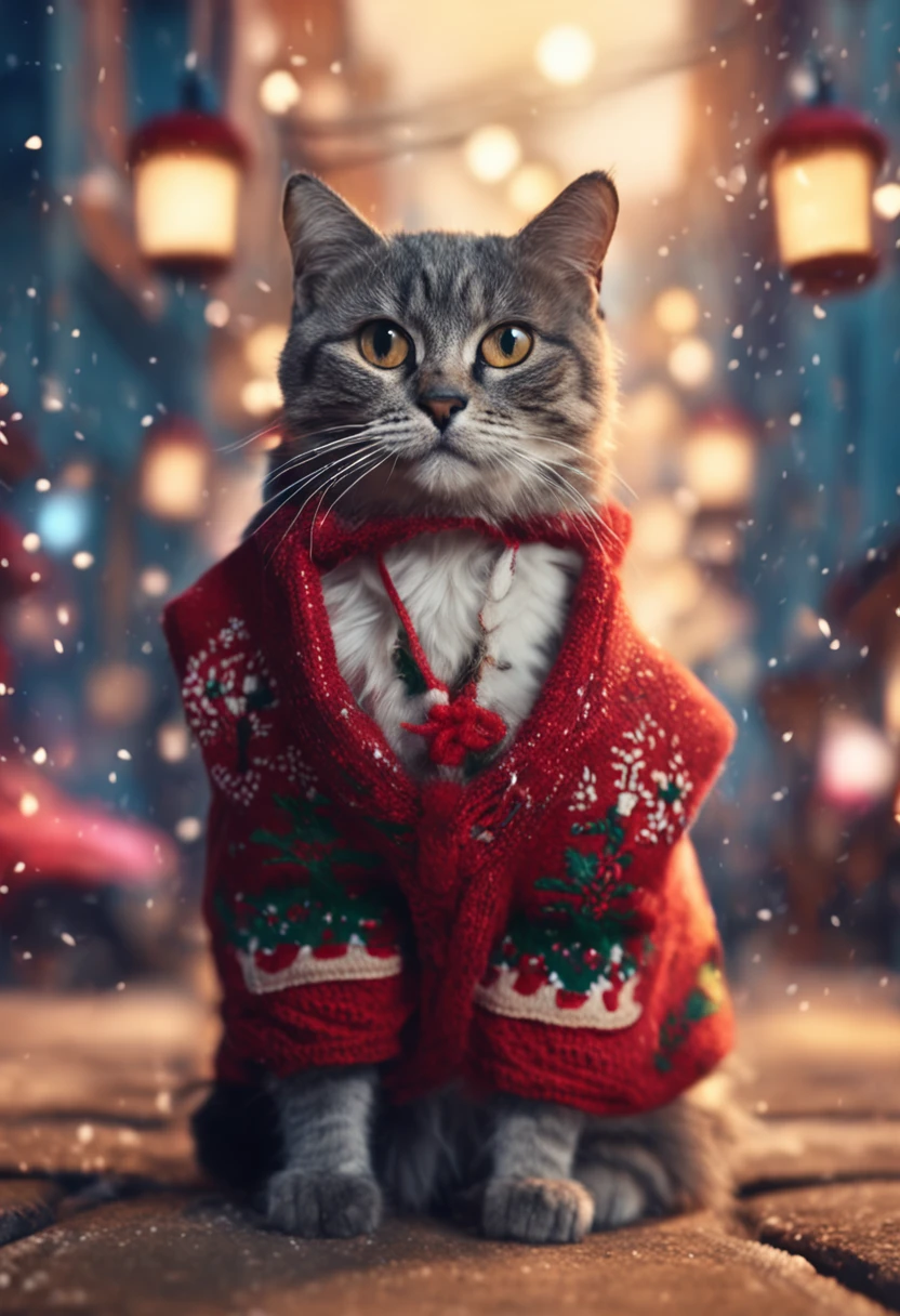 Masterpiece, cute christmas cat wearing traditional christmas clothes in cozy christmas town, skimpy, colorful, high contrast, intricate background, highly detailed skin, 8k, uhd,