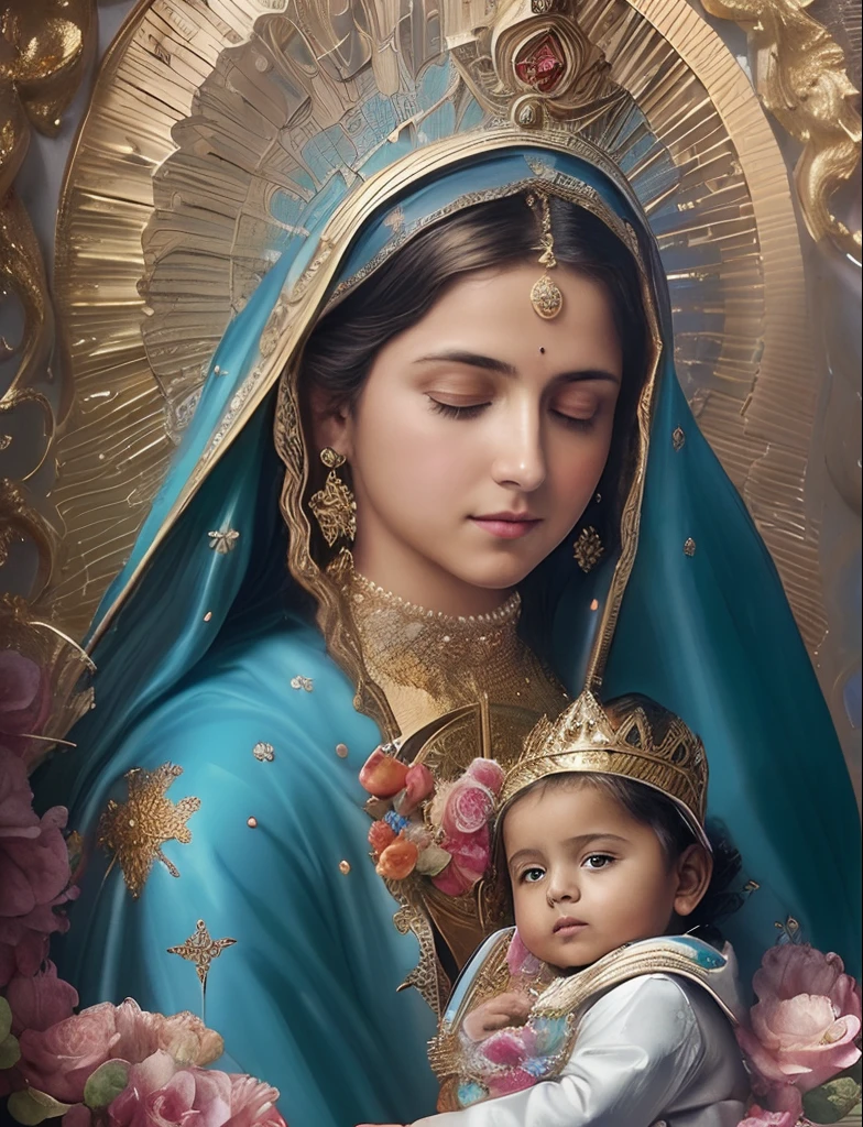 (((Santísima Virgen María and Child Jesus. 19 years old))) ((( Con una cara seria y piadosa. Con una mirada dulce y tierna))) (obra maestra, calidad superior, mejor calidad, arte oficial, beautiful and aesthetic: 1.2), (1girl), extremadamente detallado, (Arte fractal: 1.3), colorido, highest detailed, Cara perfecta, parte superior del cuerpo, HDR, (orando: 1.3), (golden lines of white coat: 1.2), galaxia, (rayas de luz), eye-catching visuals, (dynamic stripes, senderos luminosos: 1.2), colores vibrantes,