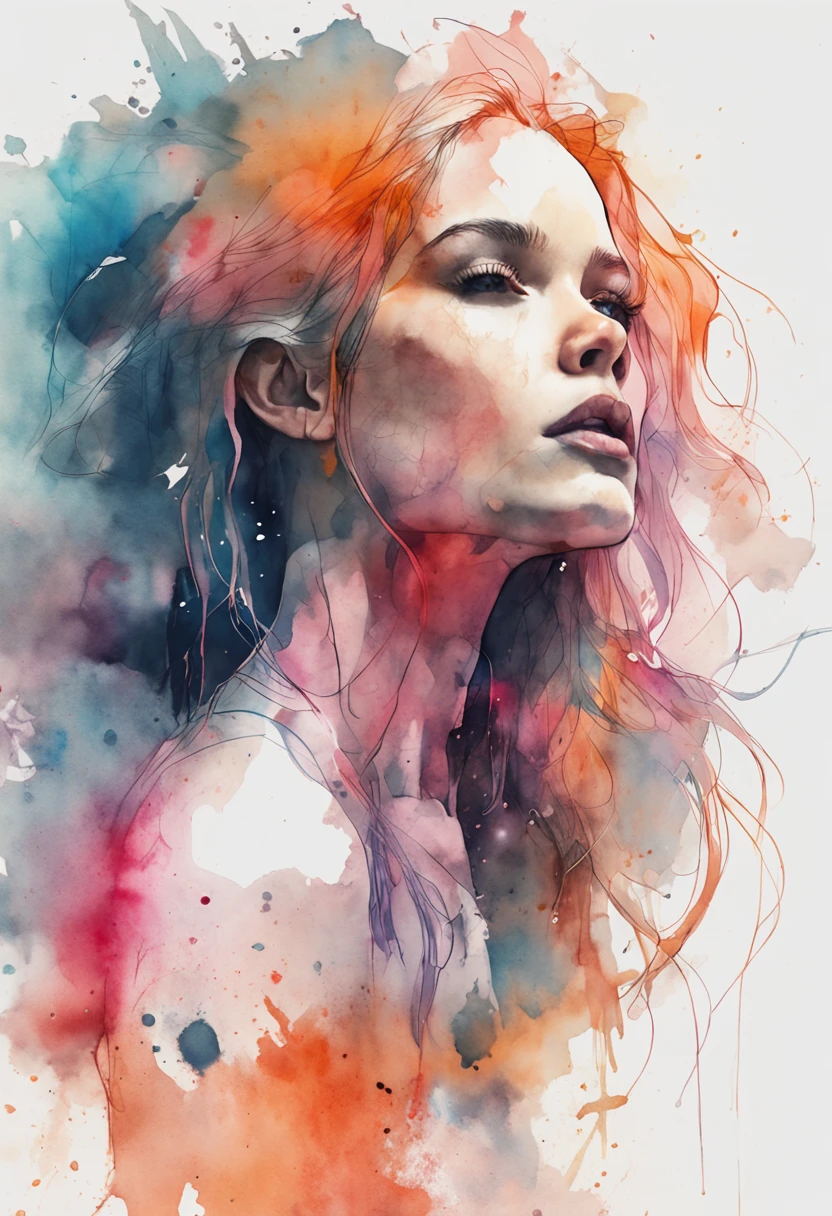 (8k, best quality, masterpiece:1.2),(best quality:1.0), (ultra highres:1.0), watercolor, a beautiful woman, shoulder, hair ribbons, thigh,sitting,by agnes cecile, half body portrait, extremely luminous bright design, pastel colors, (ink:1.3), autumn lights